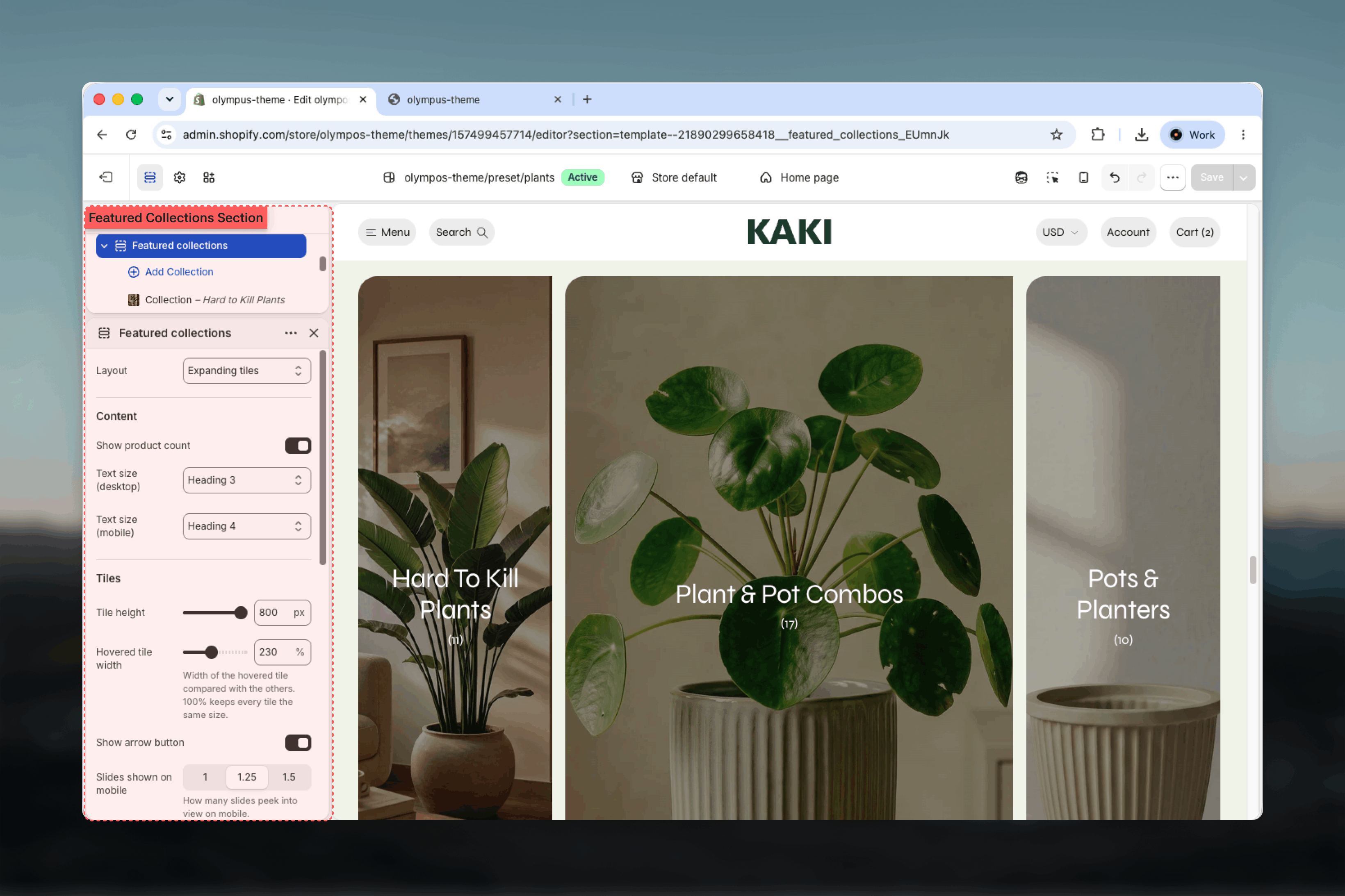 Featured collections section selected in the Theme Customizer sidebar