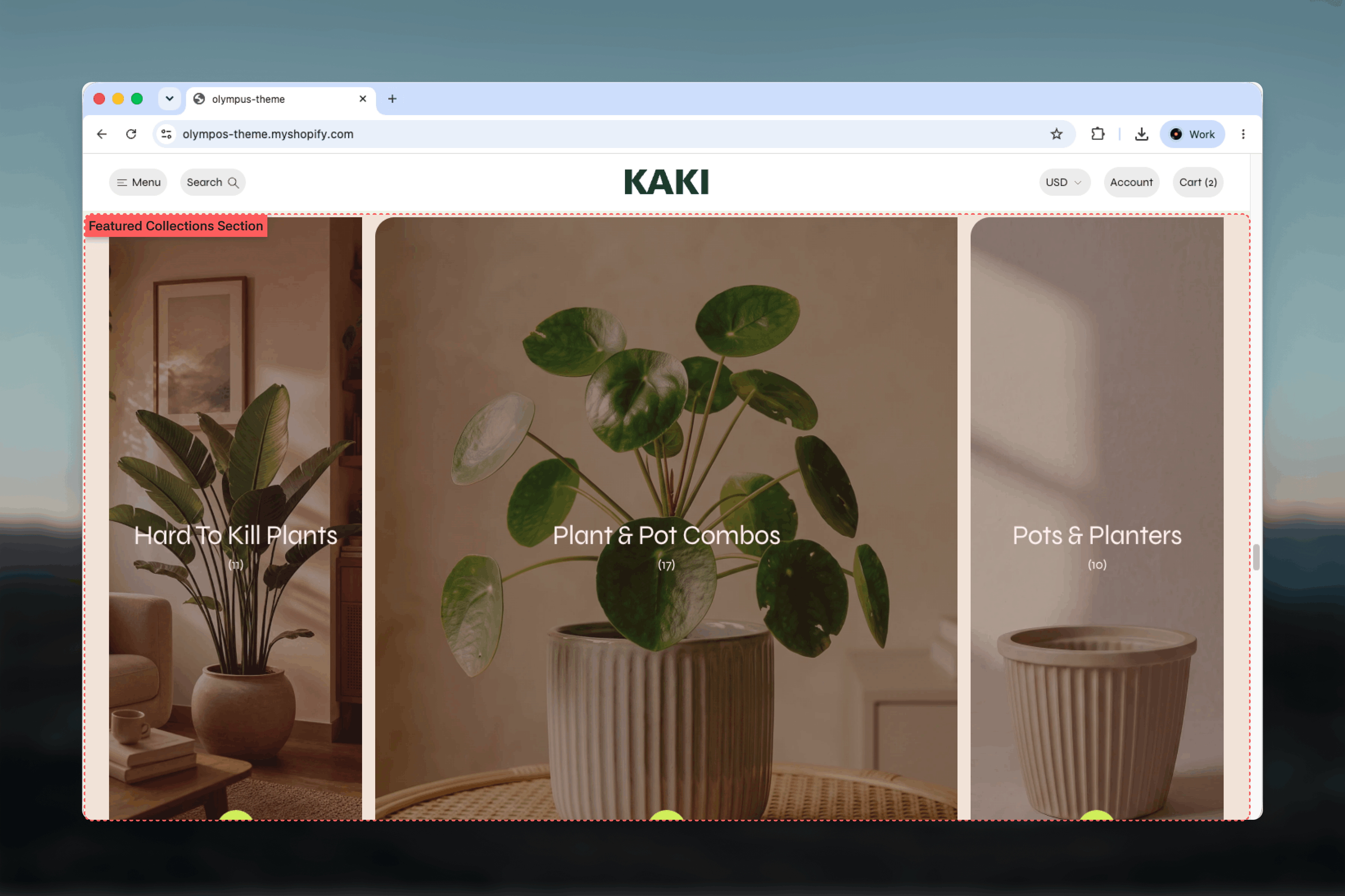 Featured collections section in the Expanding tiles layout