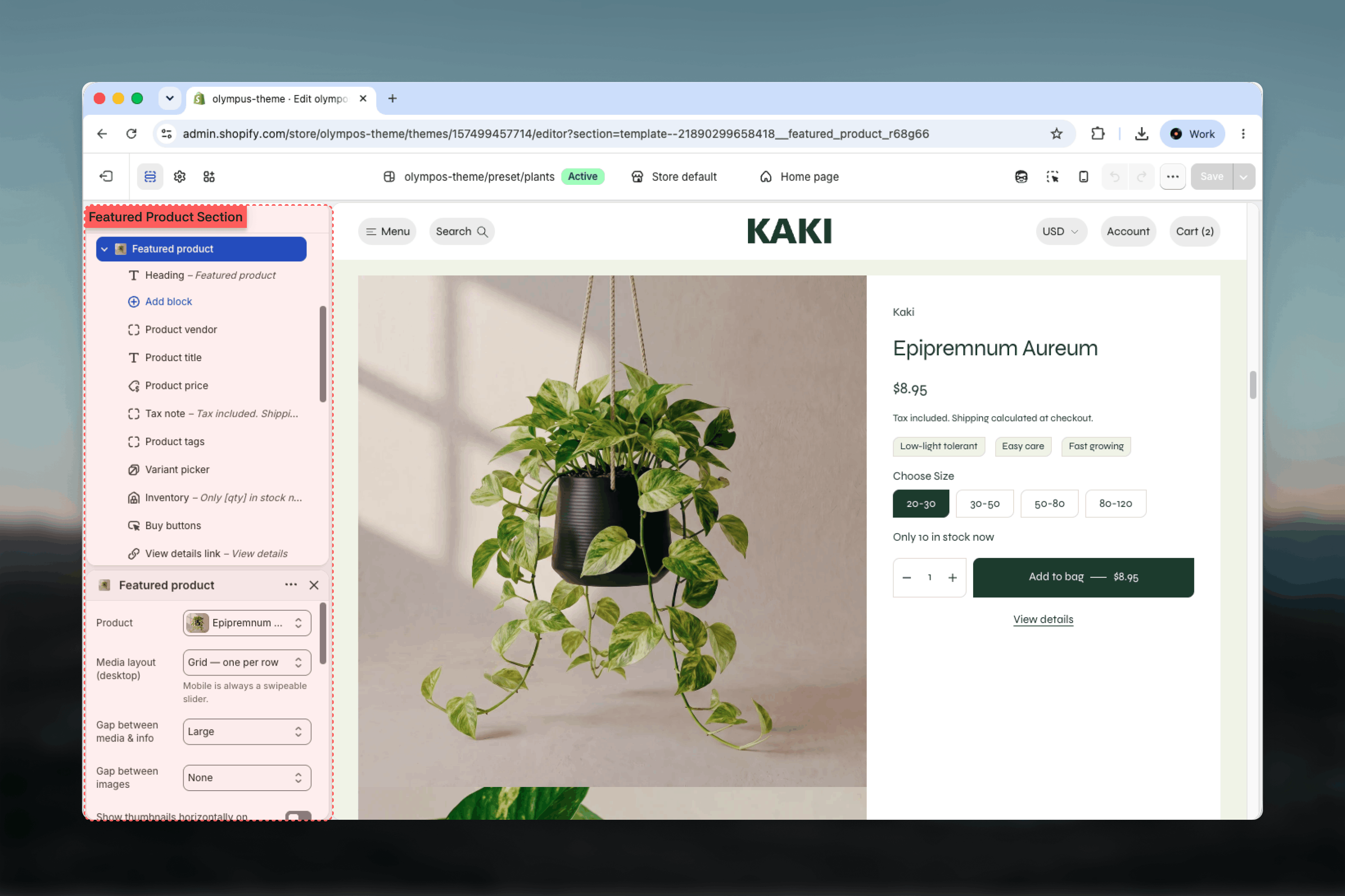 Featured product section selected in the Theme Customizer sidebar