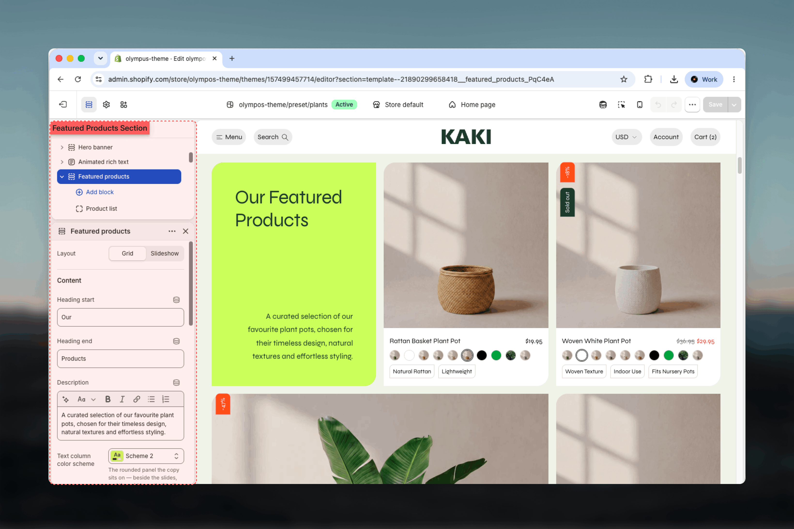 Featured products section selected in the Theme Customizer sidebar