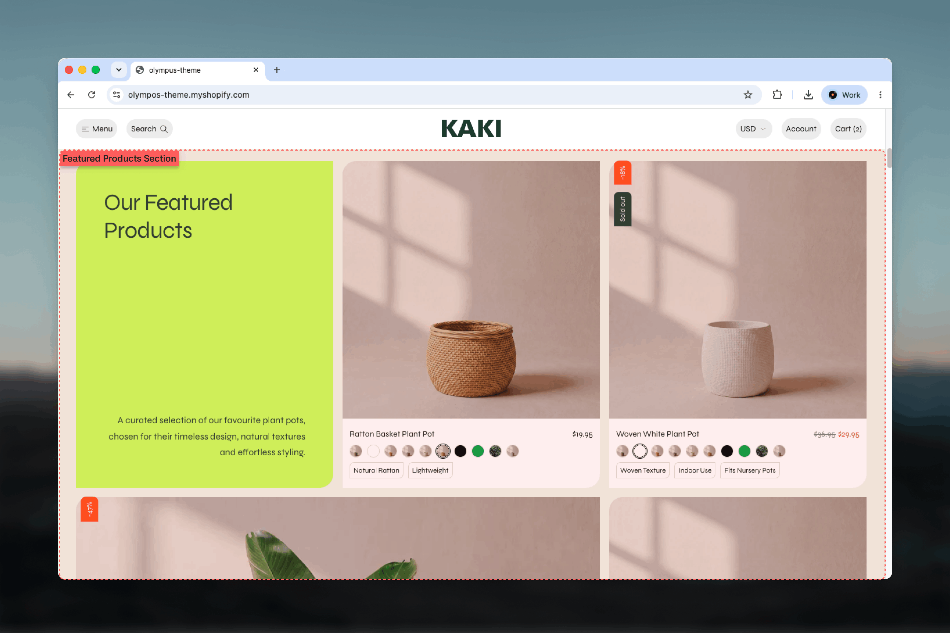Featured products section with a heading, category dropdown and a row of product cards