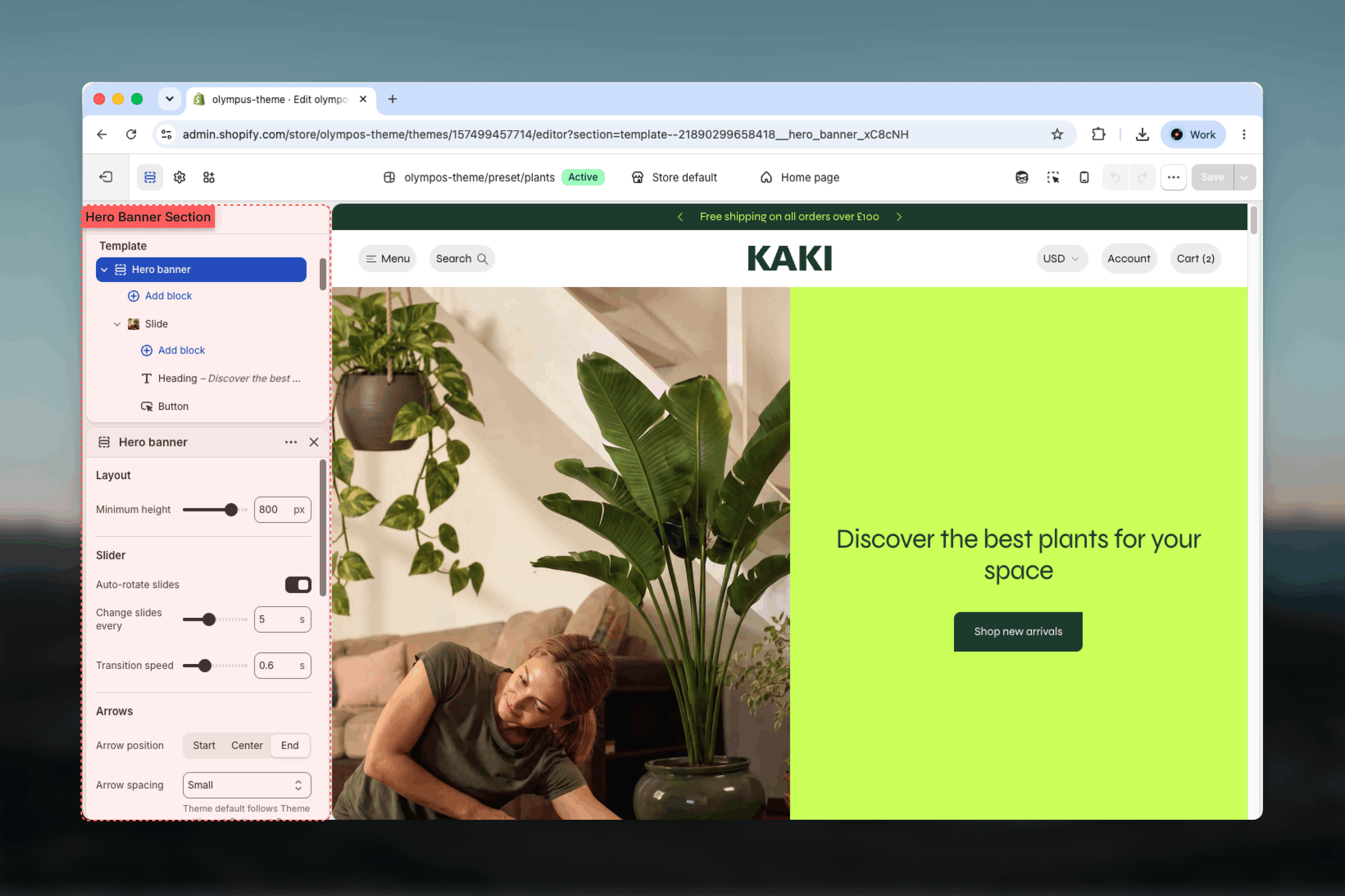Hero banner section and its Slide blocks in the Theme Customizer sidebar
