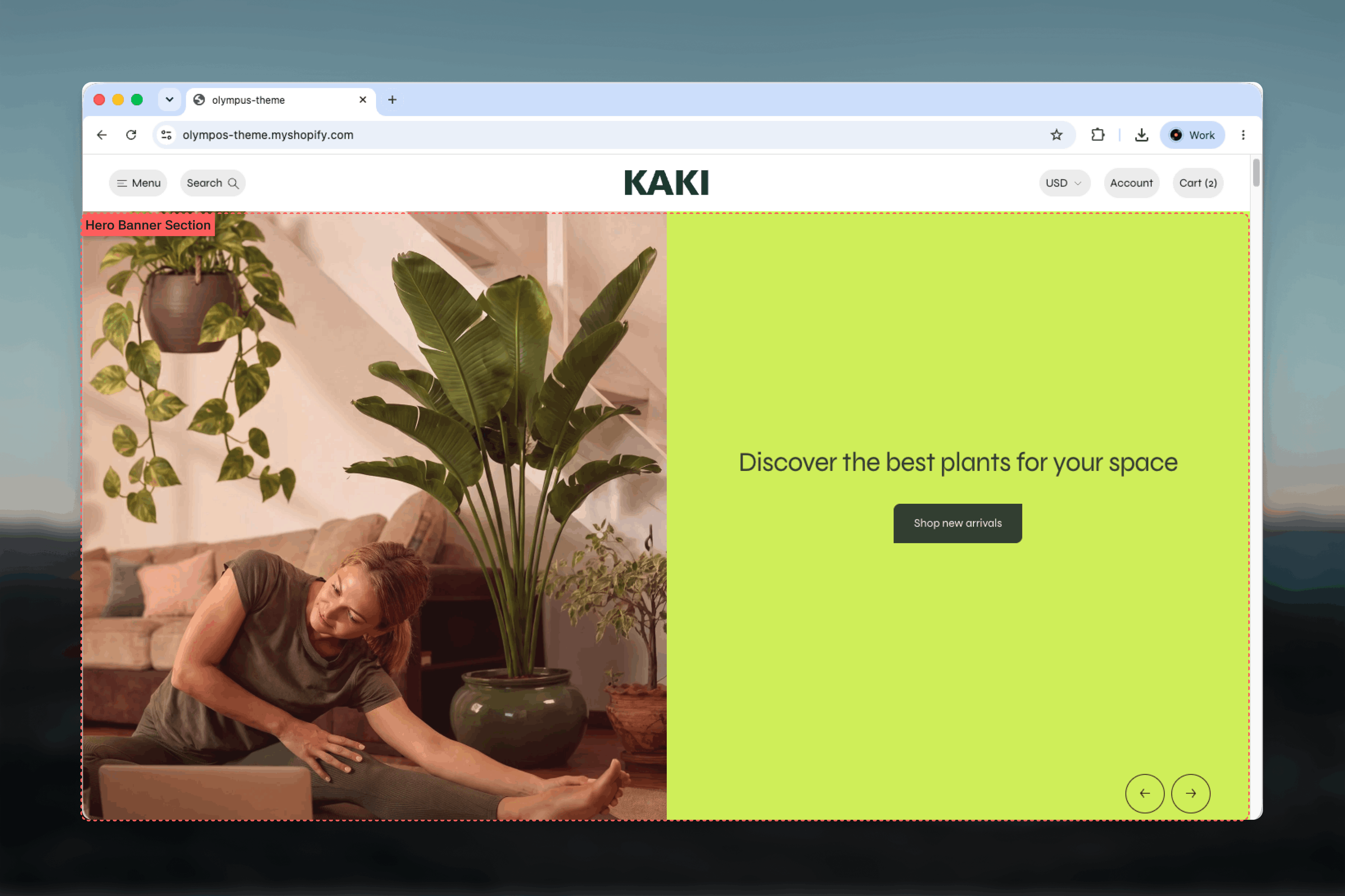 Hero banner section showing a full-image slide with a heading, text and button
