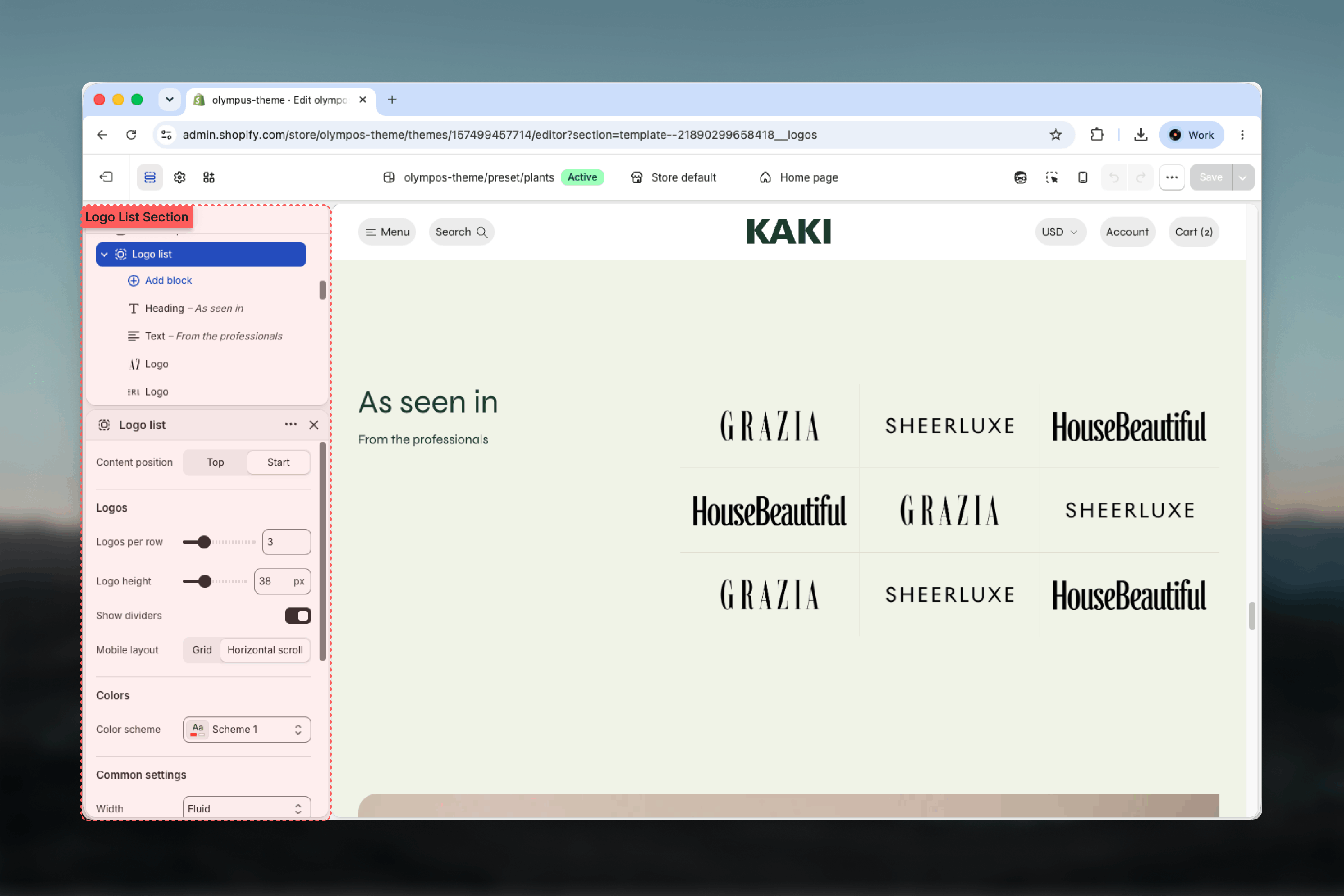 Logo list section selected in the Theme Customizer sidebar