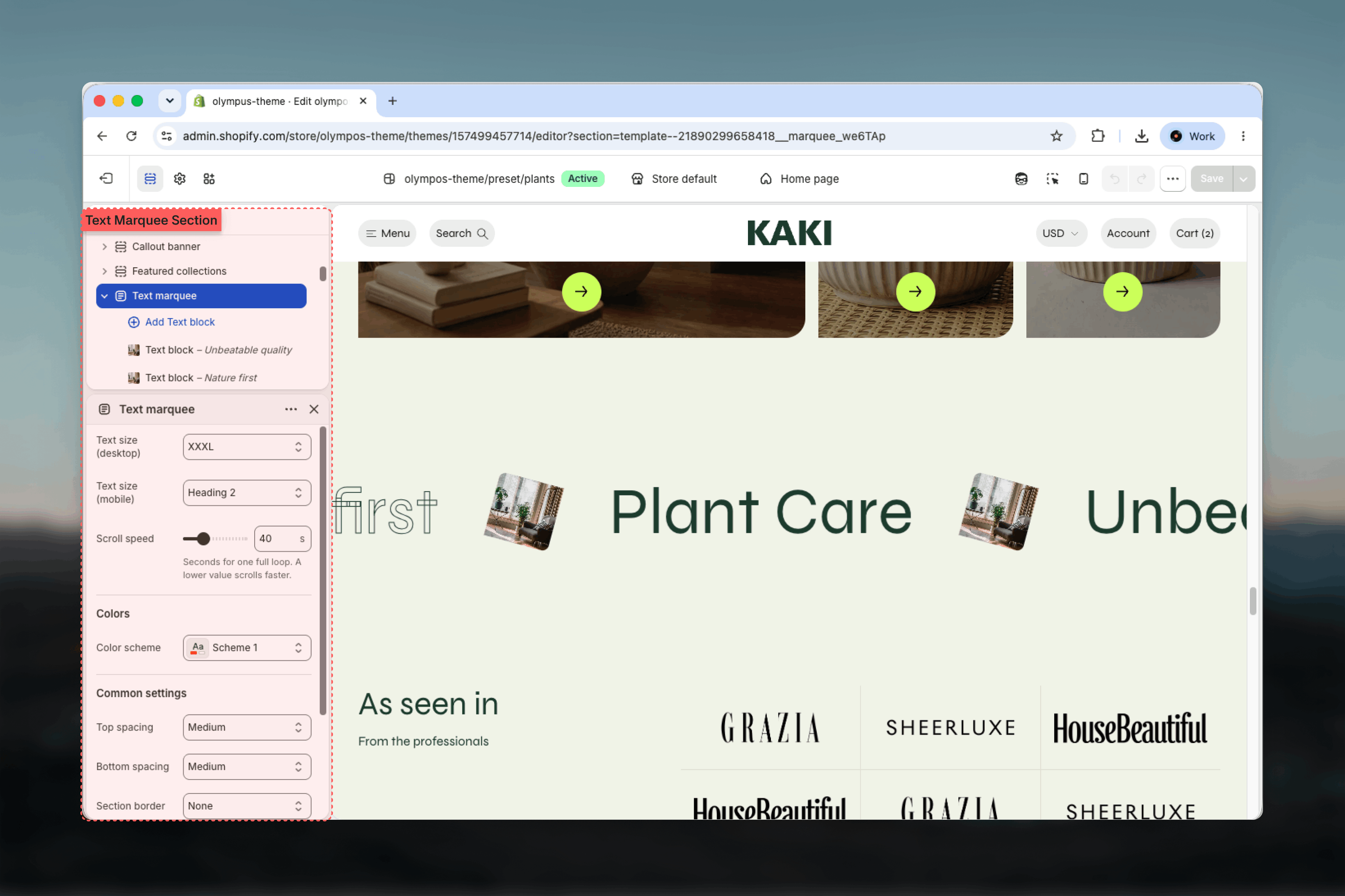 Text marquee section selected in the Theme Customizer sidebar
