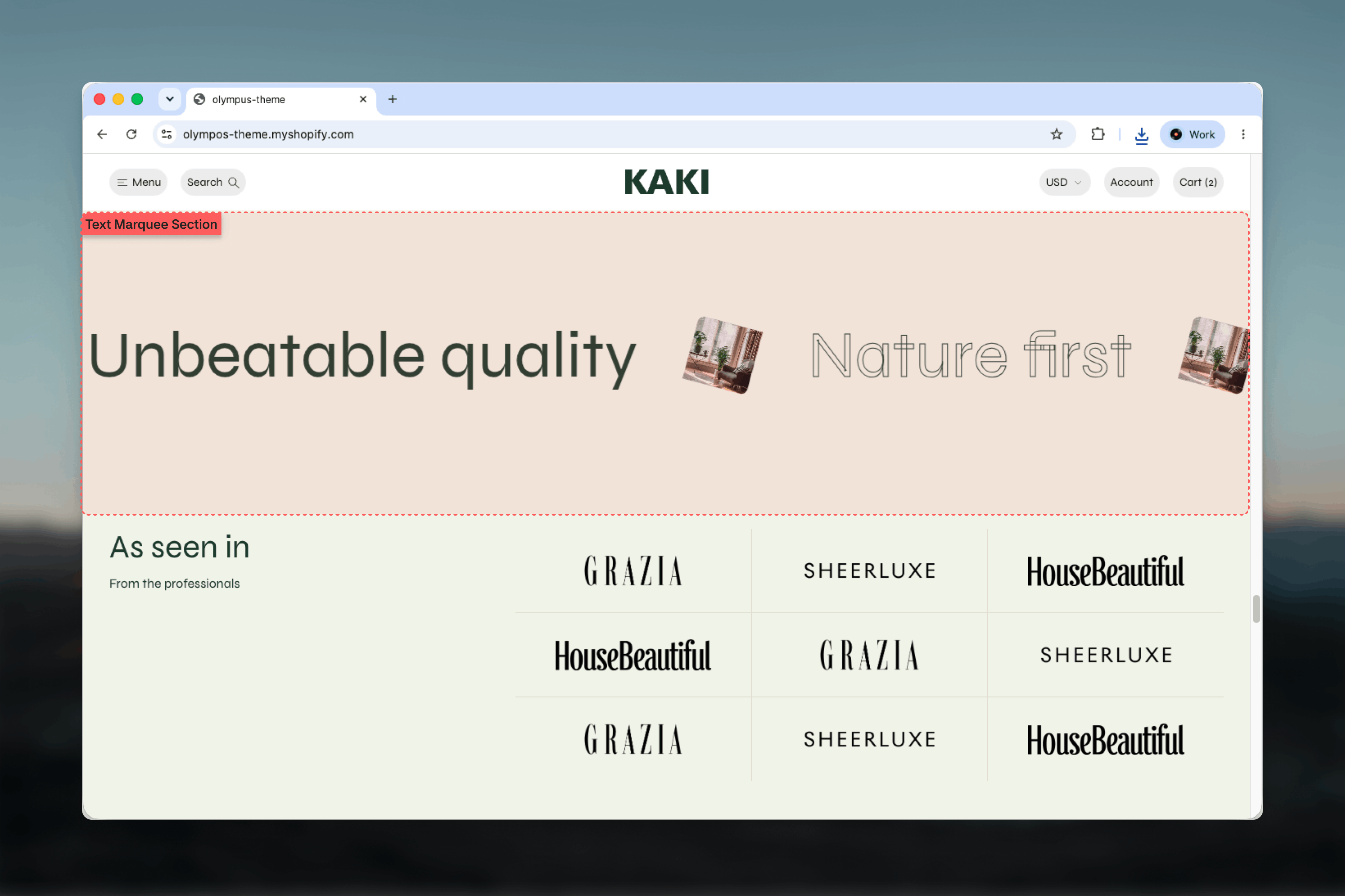 Text marquee section scrolling large filled and outlined phrases with small tilted images