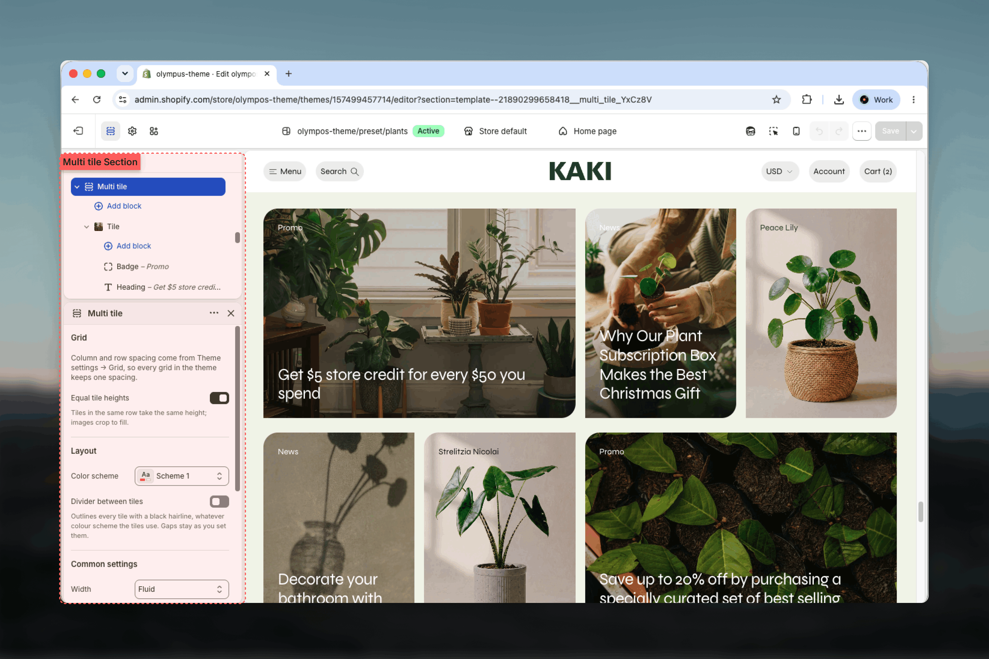 Multi tile section and its Tile blocks in the Theme Customizer sidebar