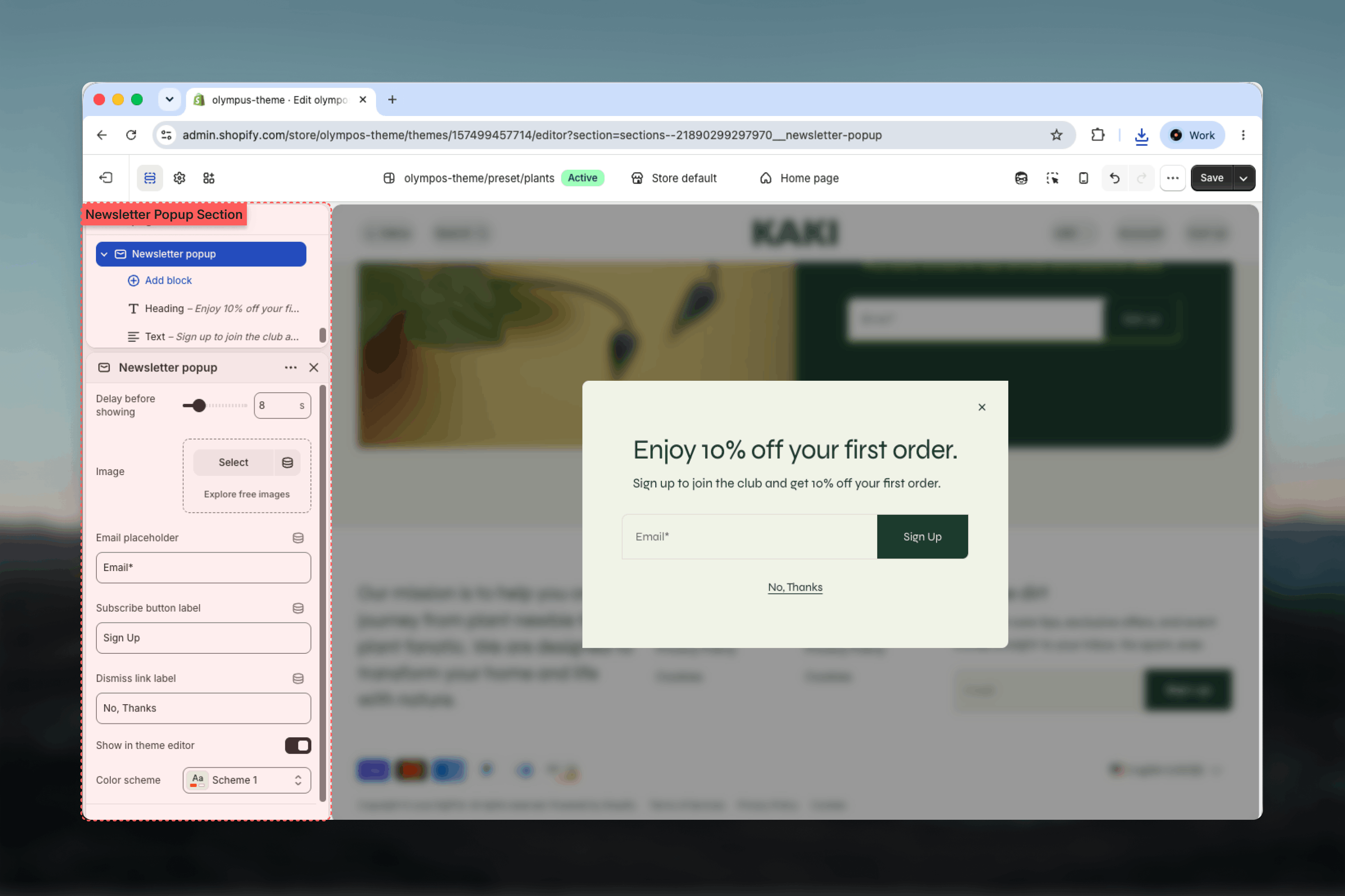 Newsletter popup inside the Modals & drawers group in the Theme Customizer sidebar