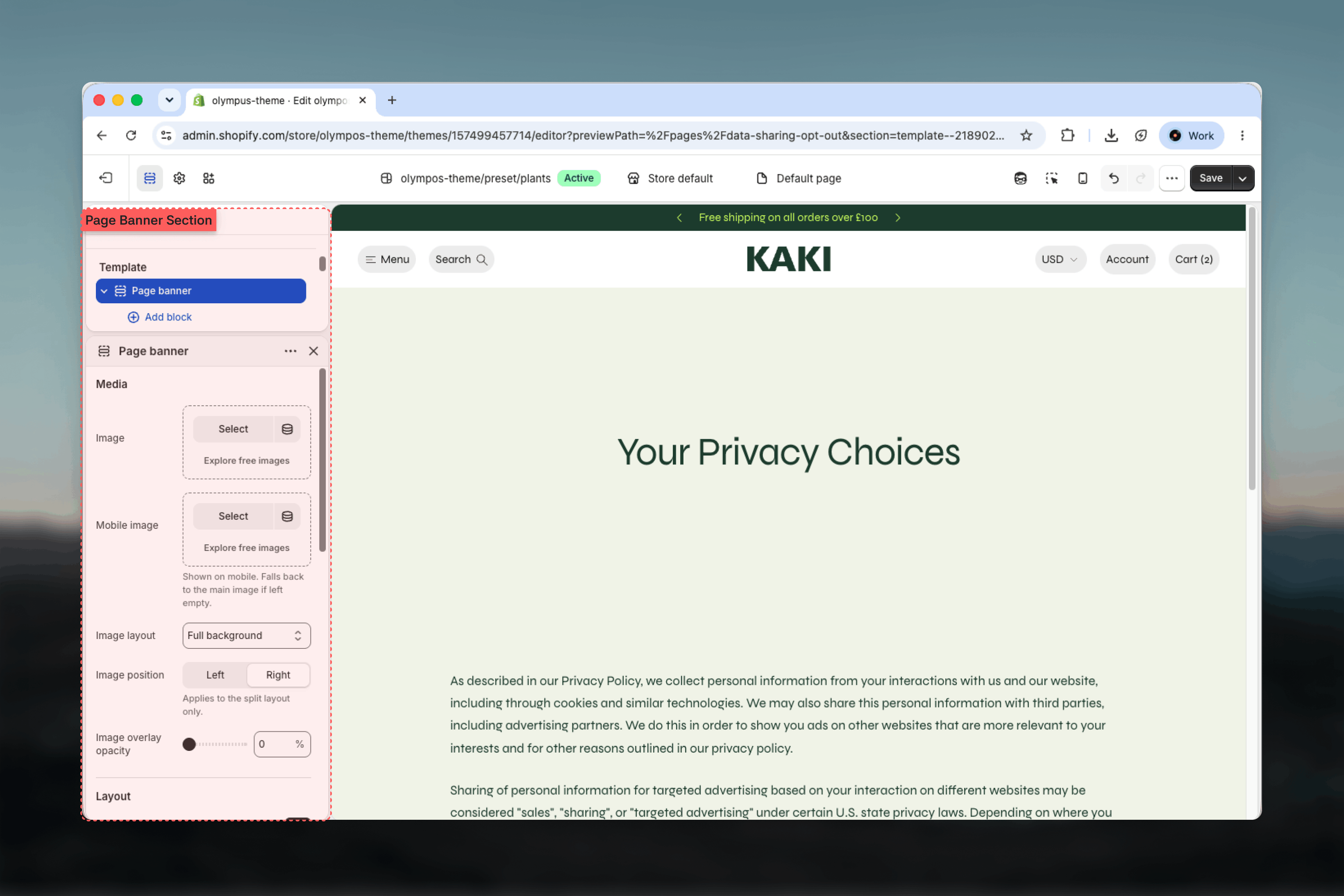 Page banner section selected in the Theme Customizer sidebar