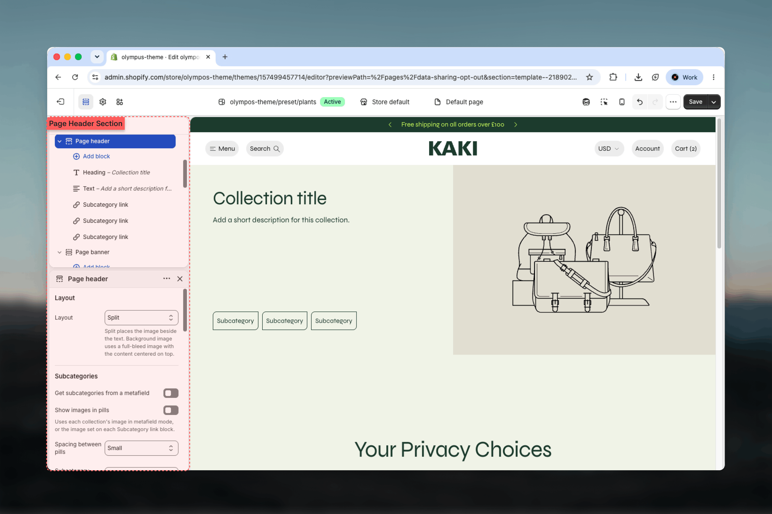 Page header section selected in the Theme Customizer sidebar