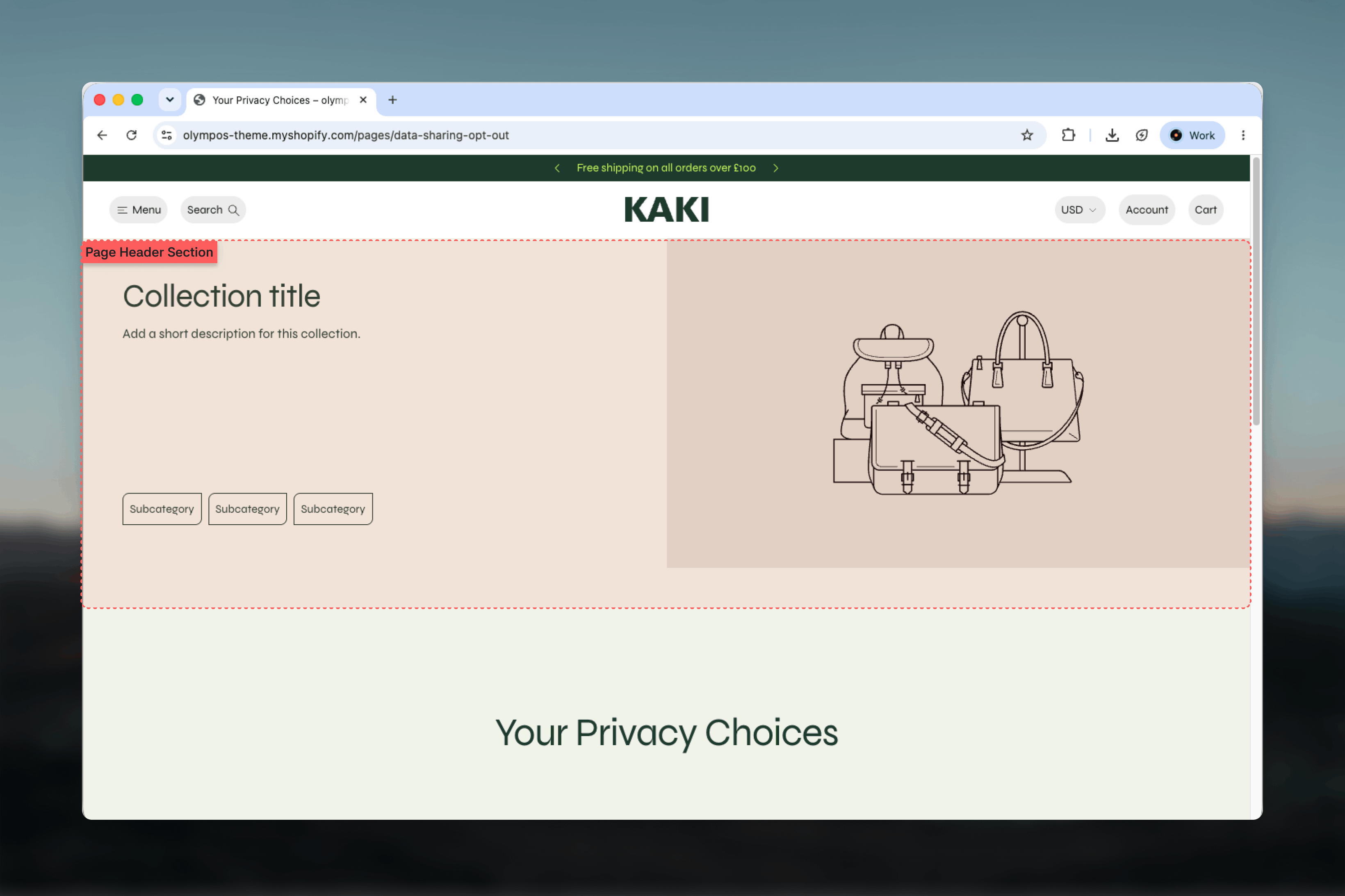 Page header section with a split image and subcategory pills