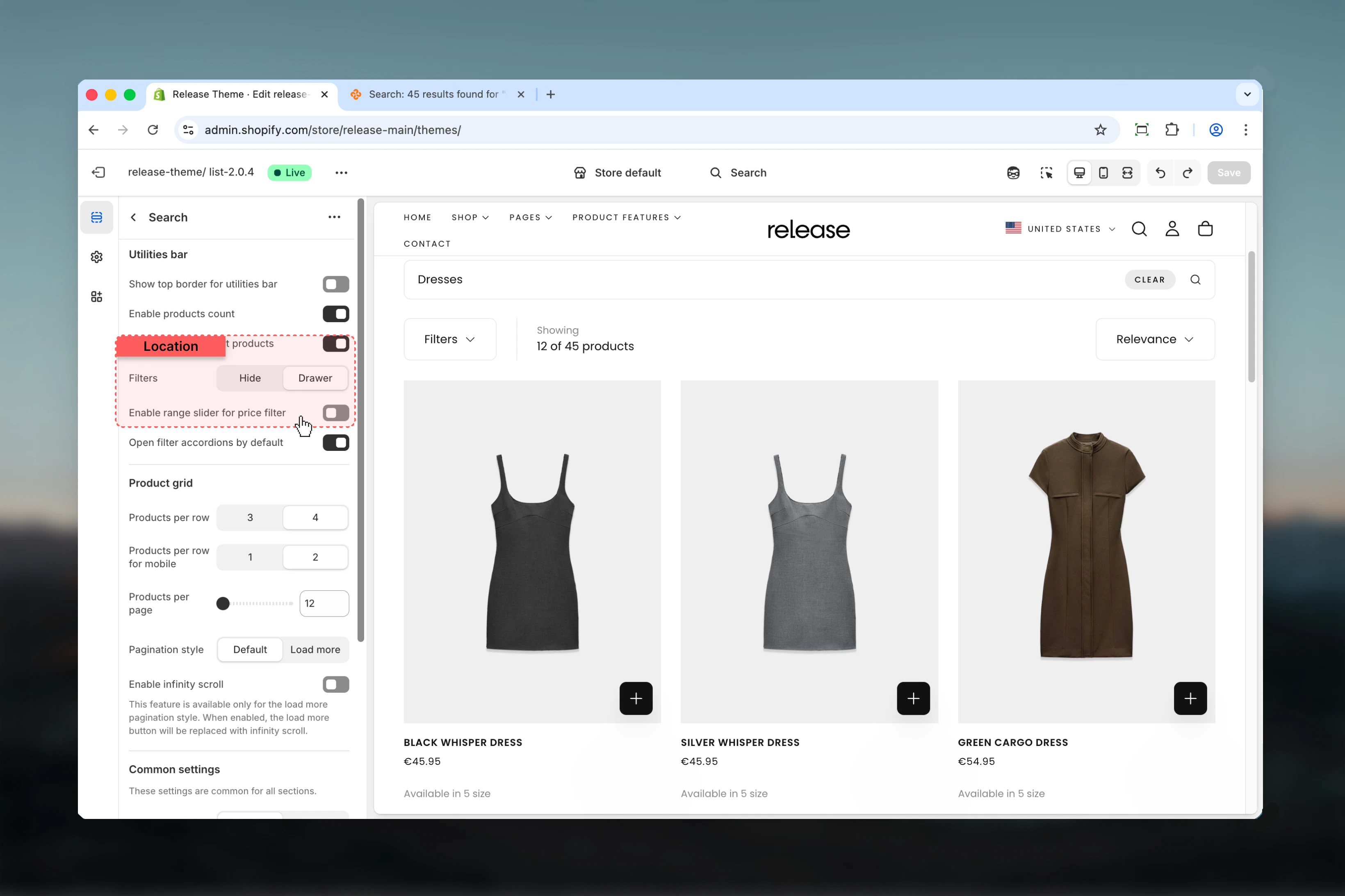 Search filters drawer