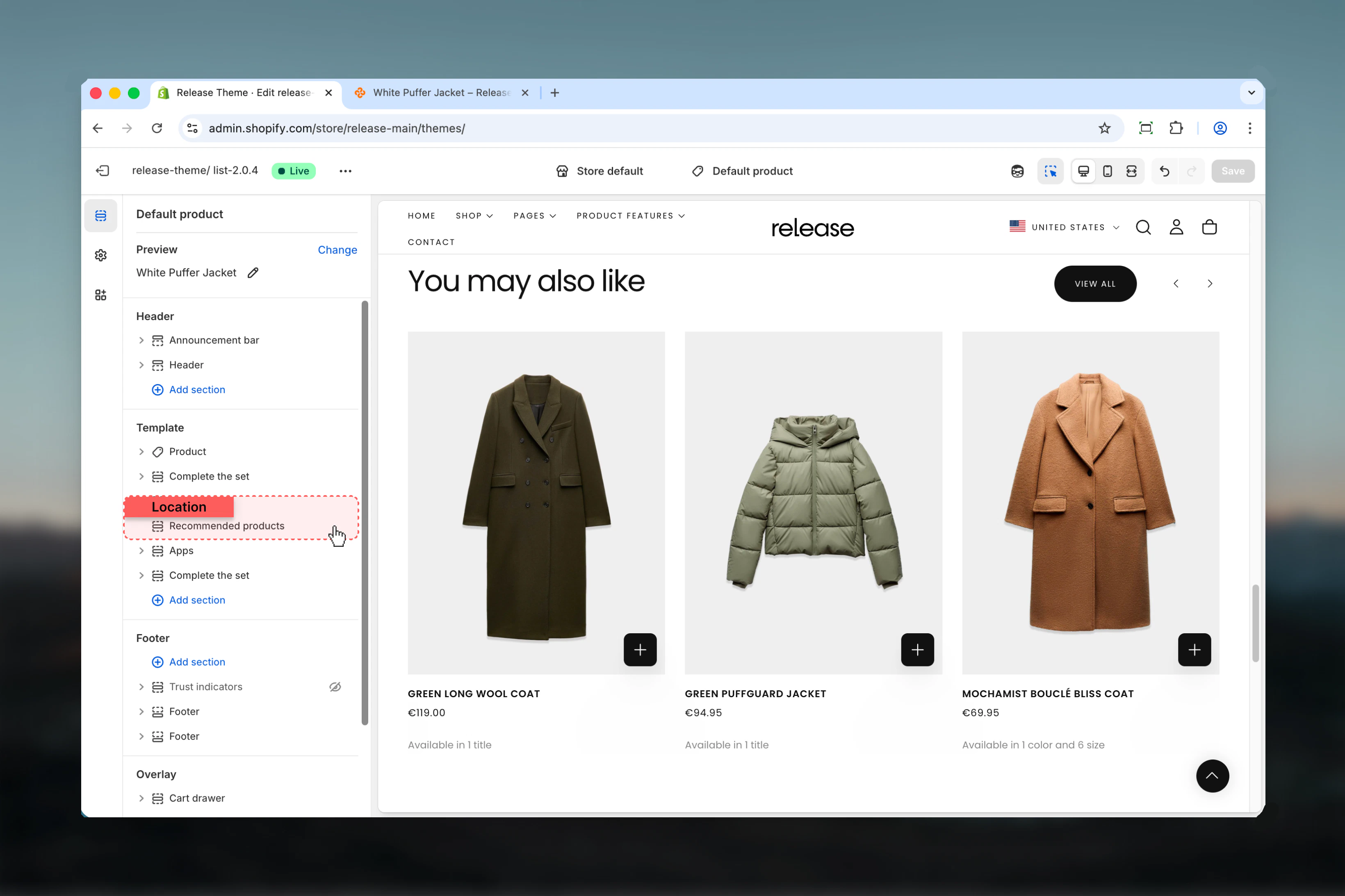 Recommended Products section in Theme Customizer