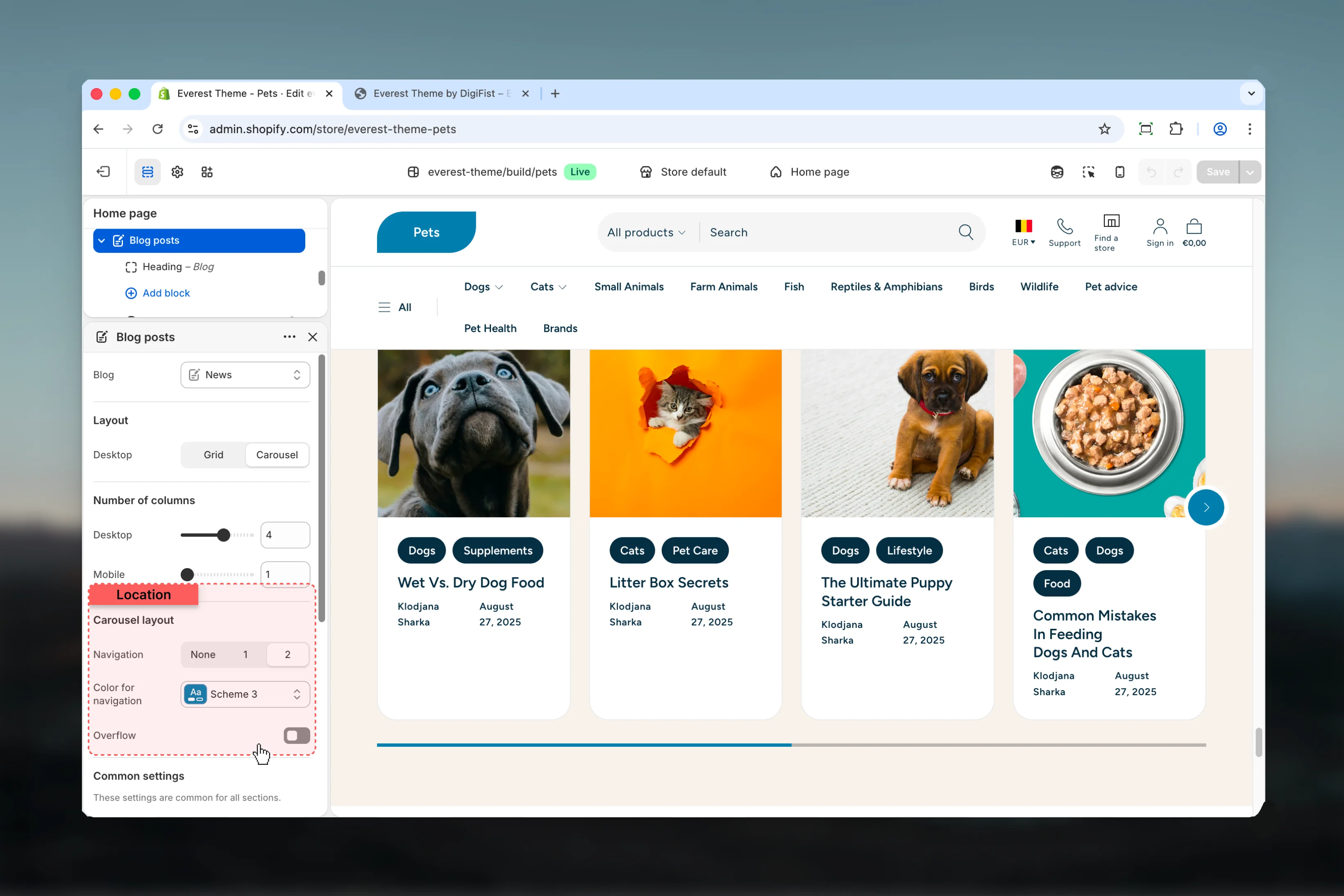 Blog Posts Carousel layout settings