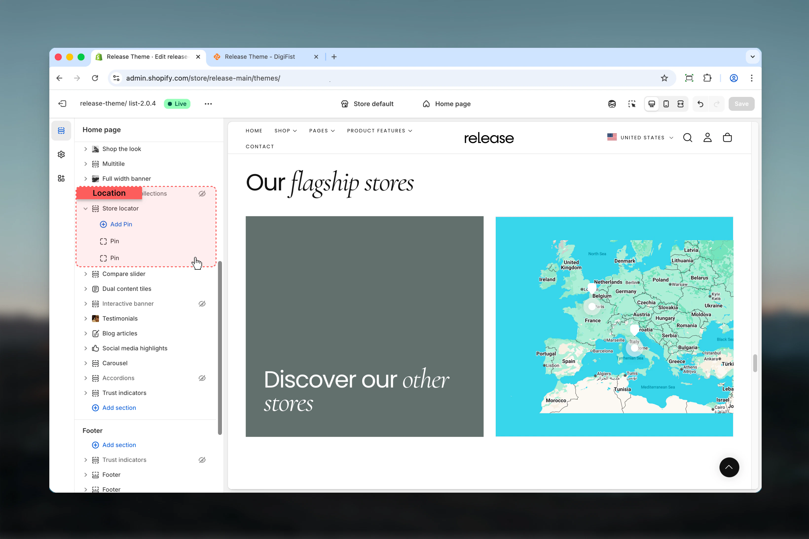 Store Locator section in Theme Customizer