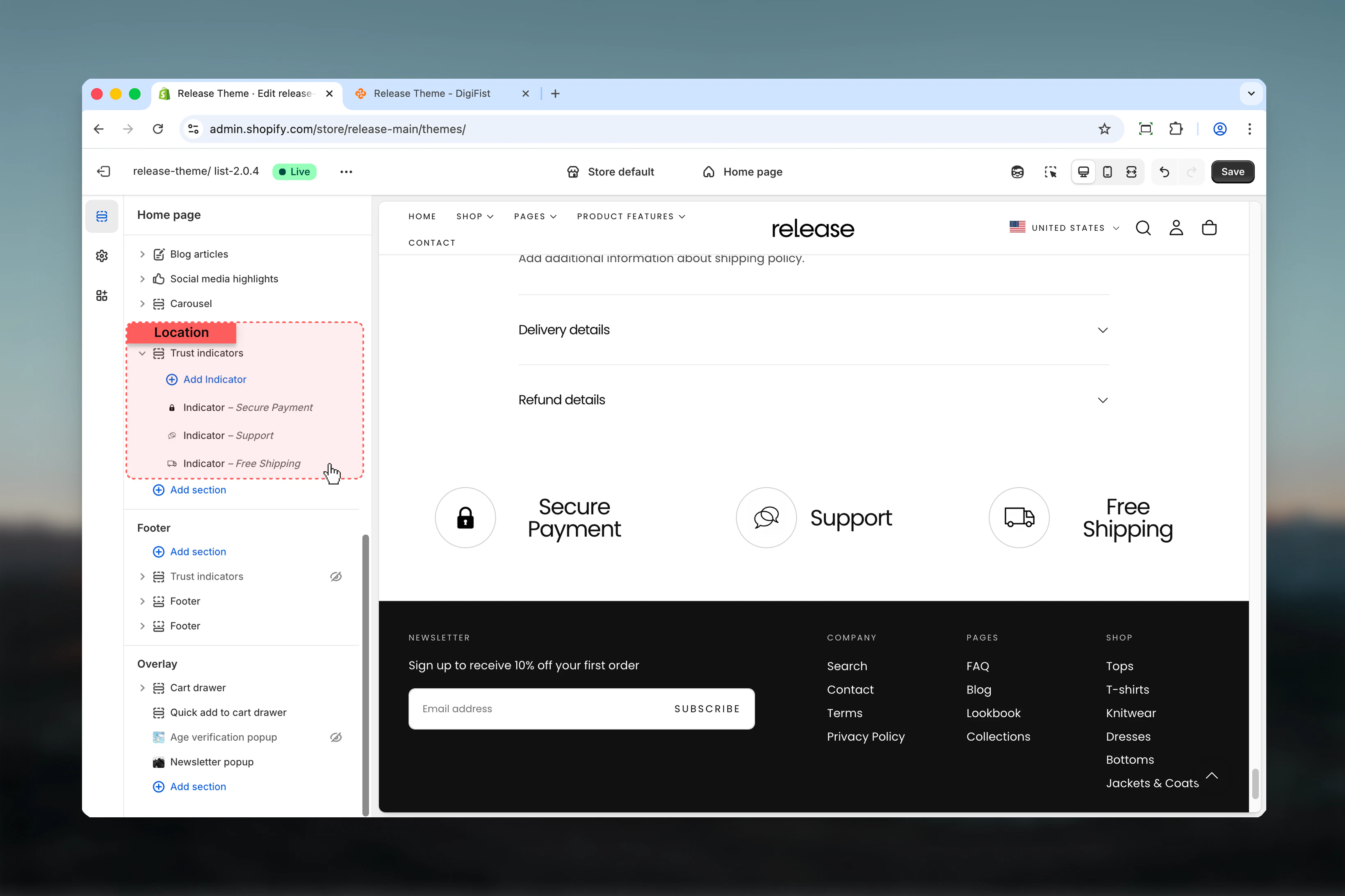 Trust Indicators section in Theme Customizer