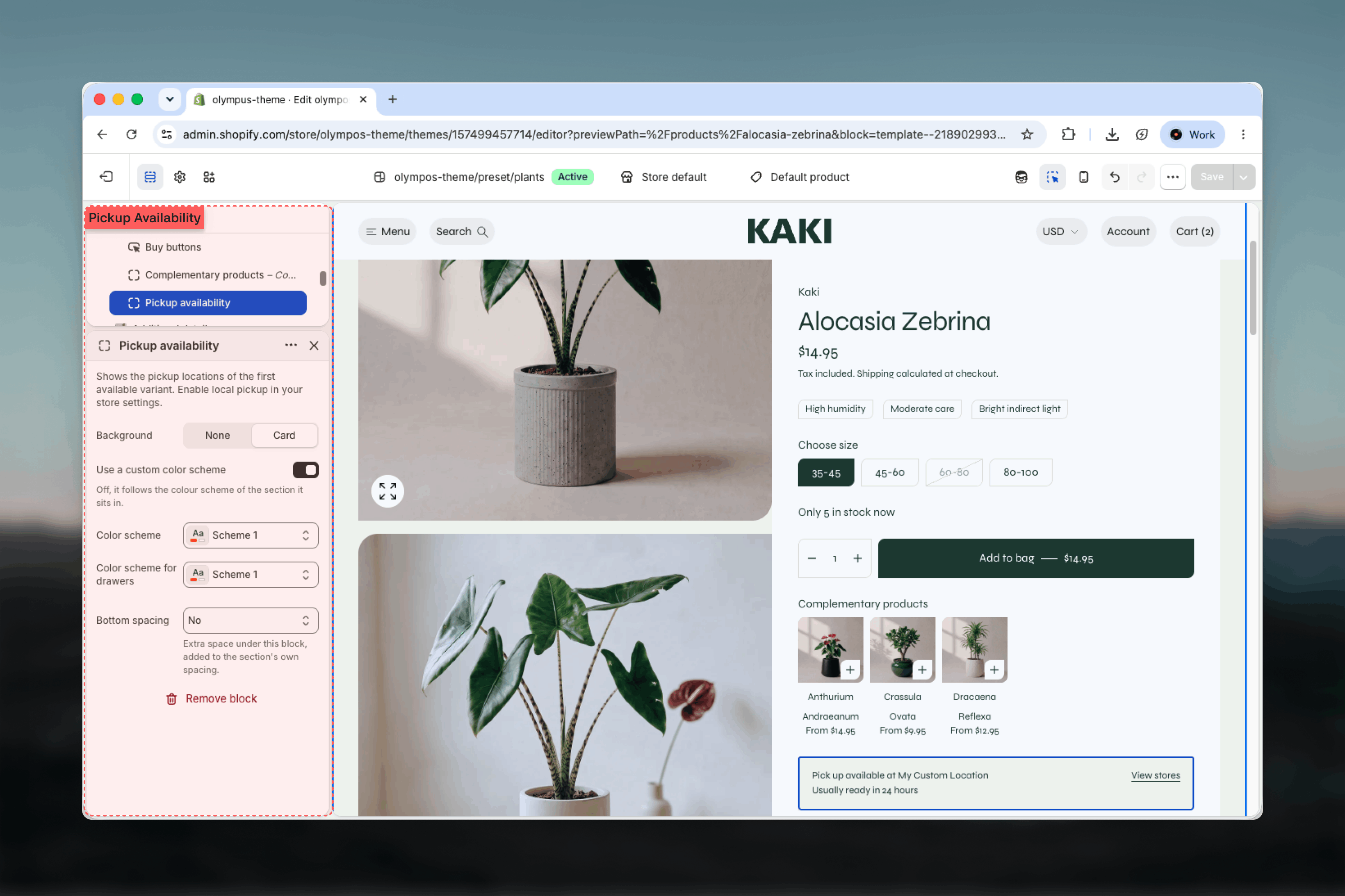 Pickup availability block inside the Product section in the Theme Customizer