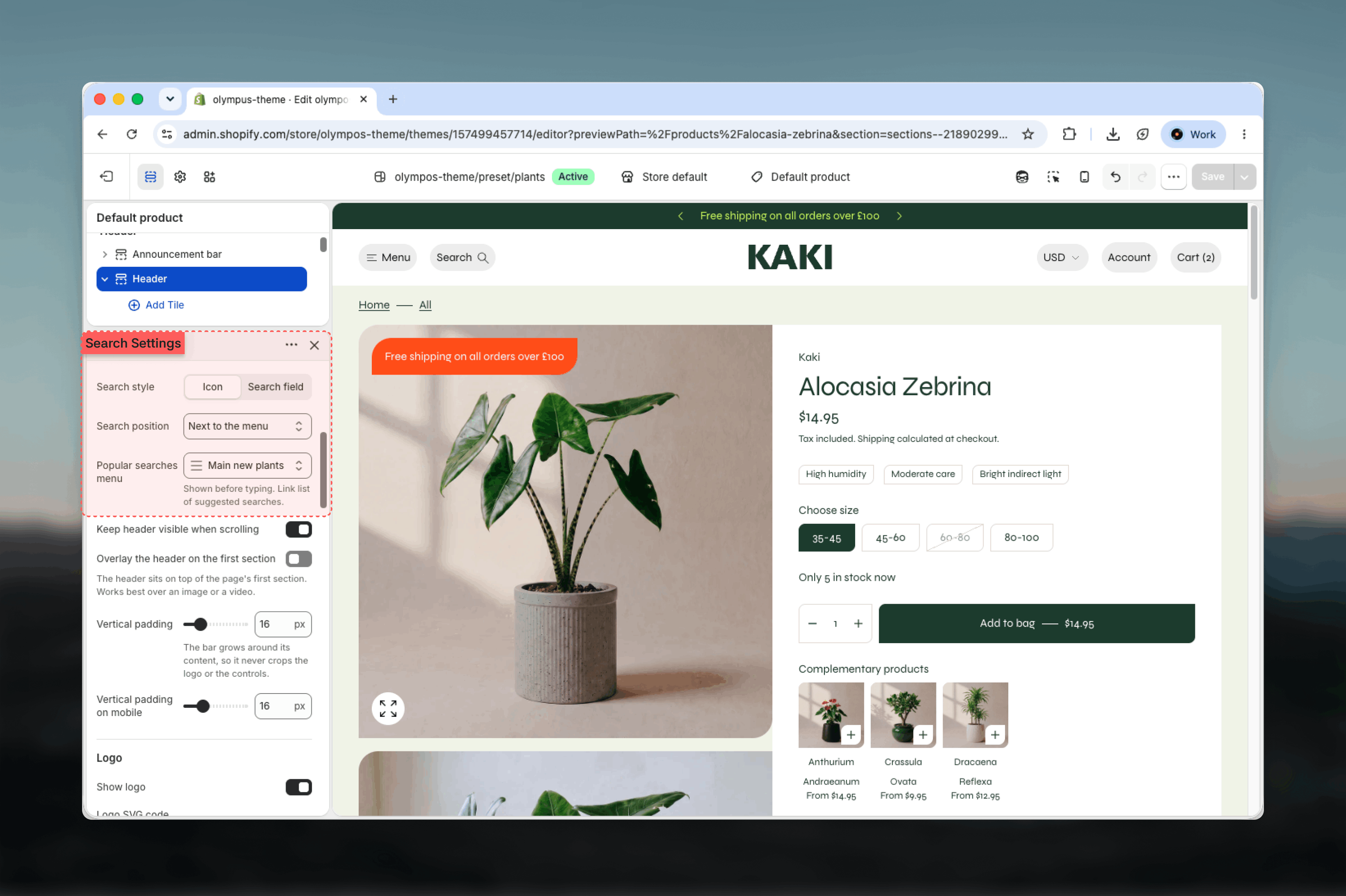 Search settings inside the Header section in the Theme Customizer