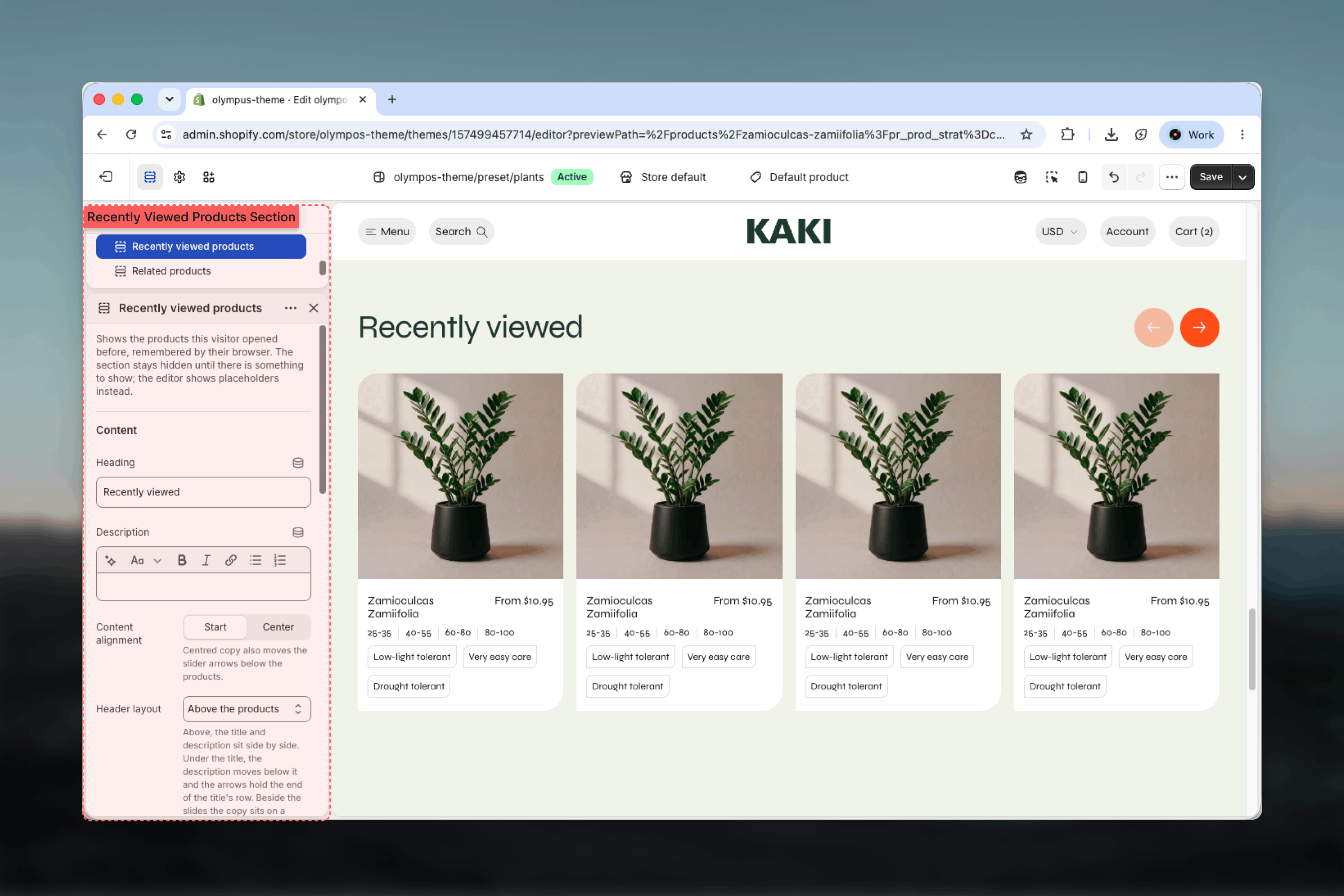 Recently viewed products section selected in the Theme Customizer sidebar