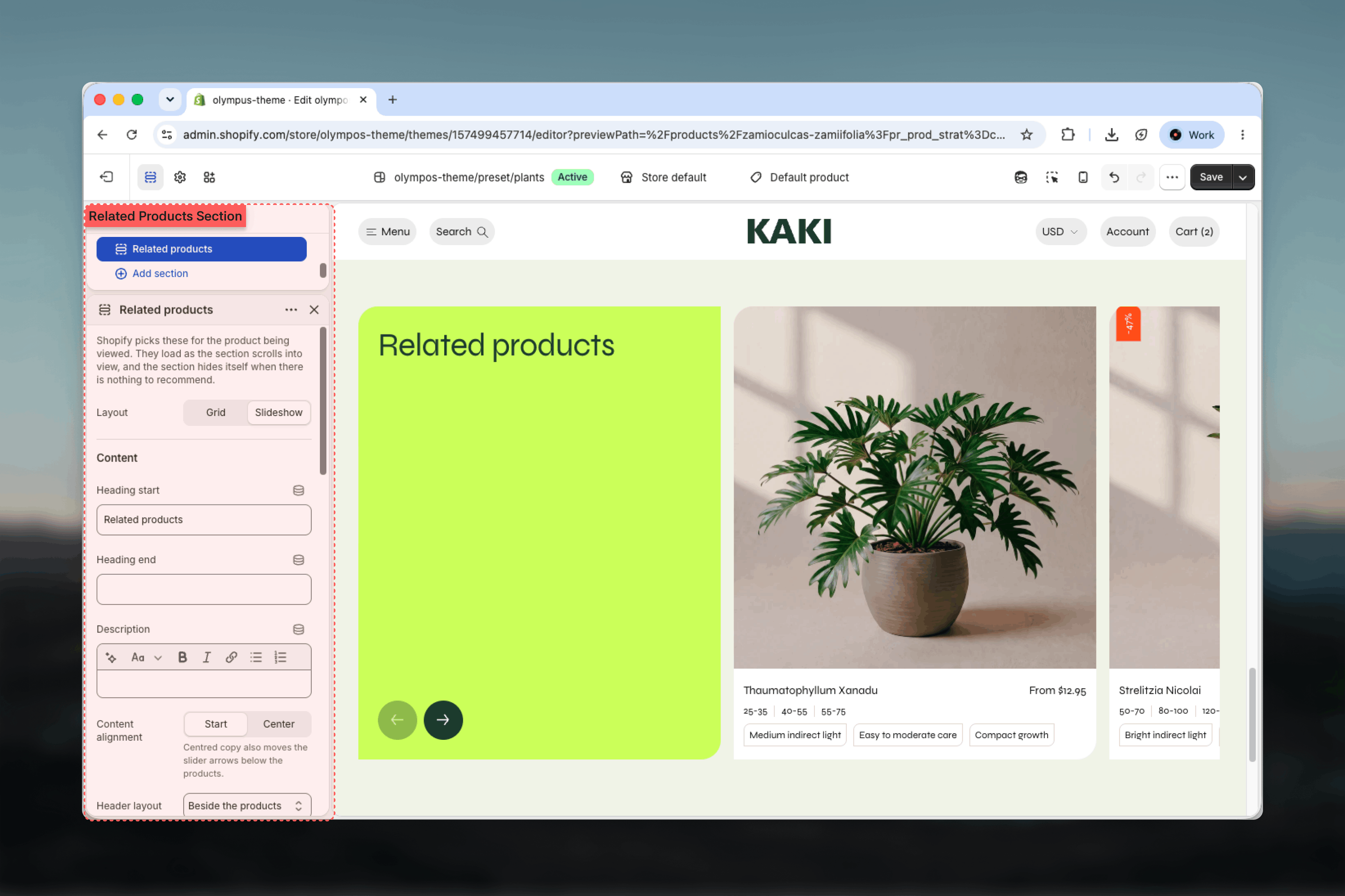 Related products section selected in the Theme Customizer sidebar