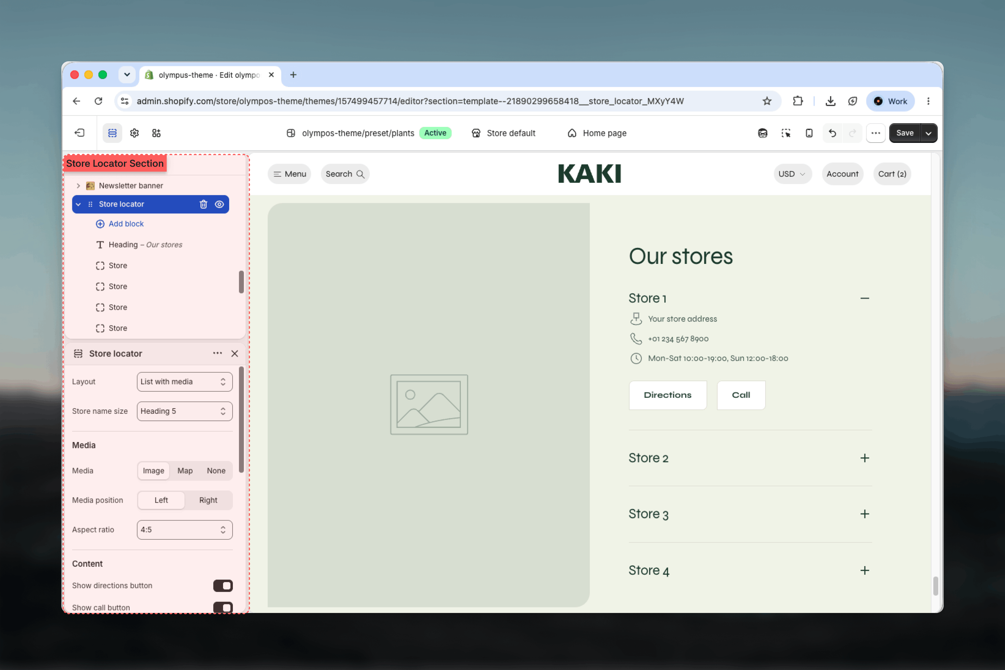Store locator section and its Store blocks in the Theme Customizer sidebar