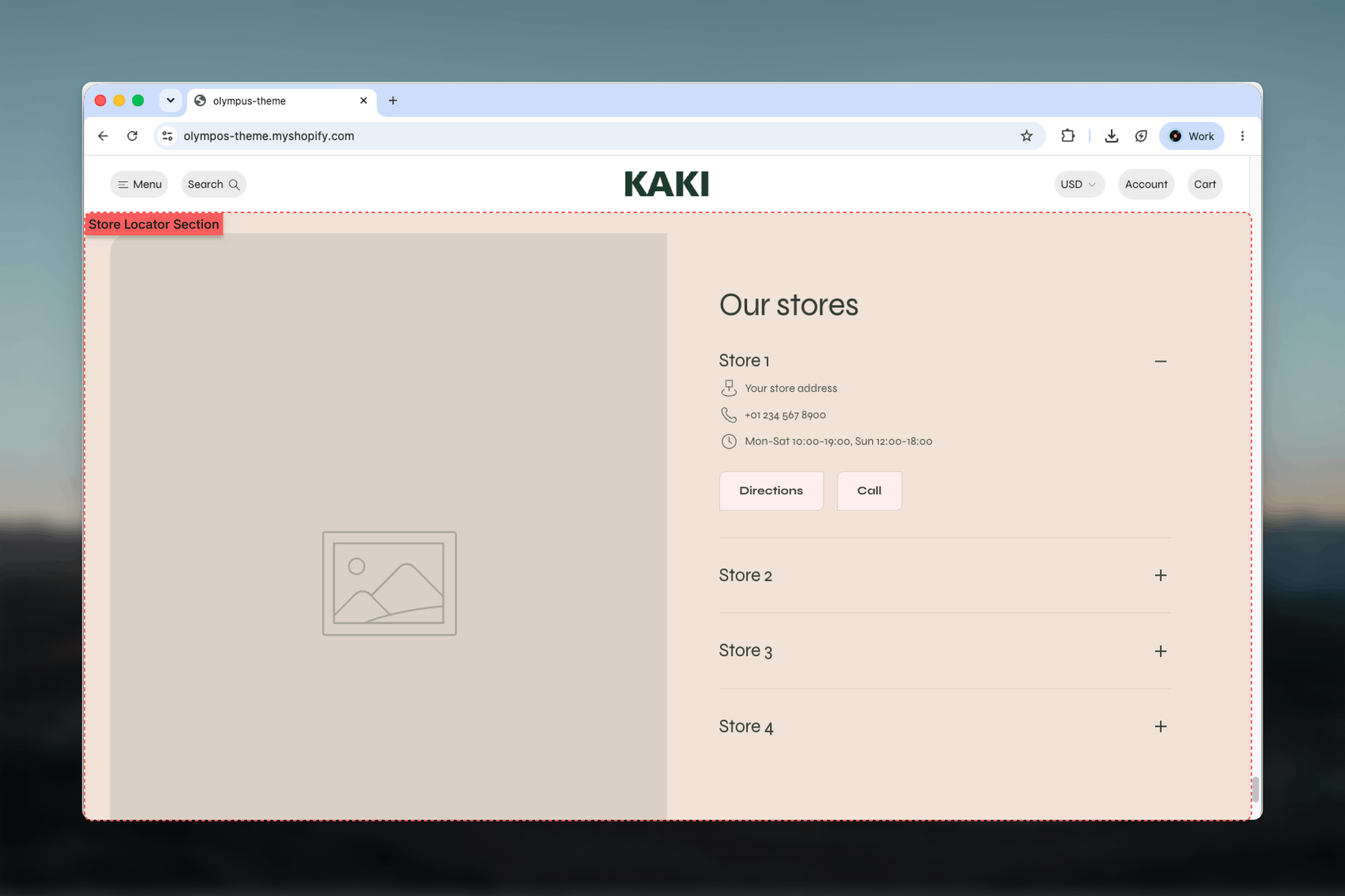 Store locator section in the list layout with a map beside the store details