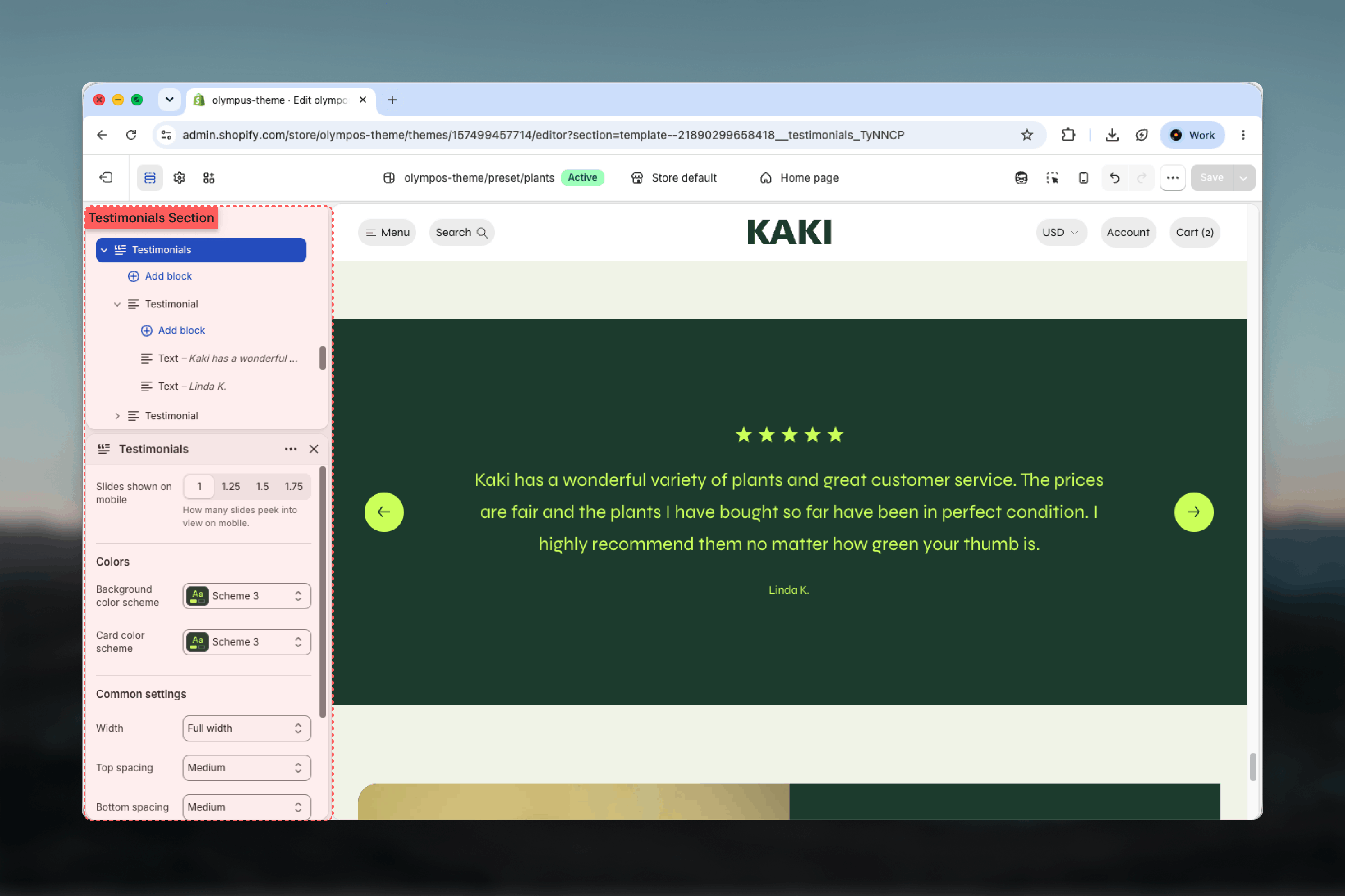 Testimonials section and its blocks in the Theme Customizer sidebar