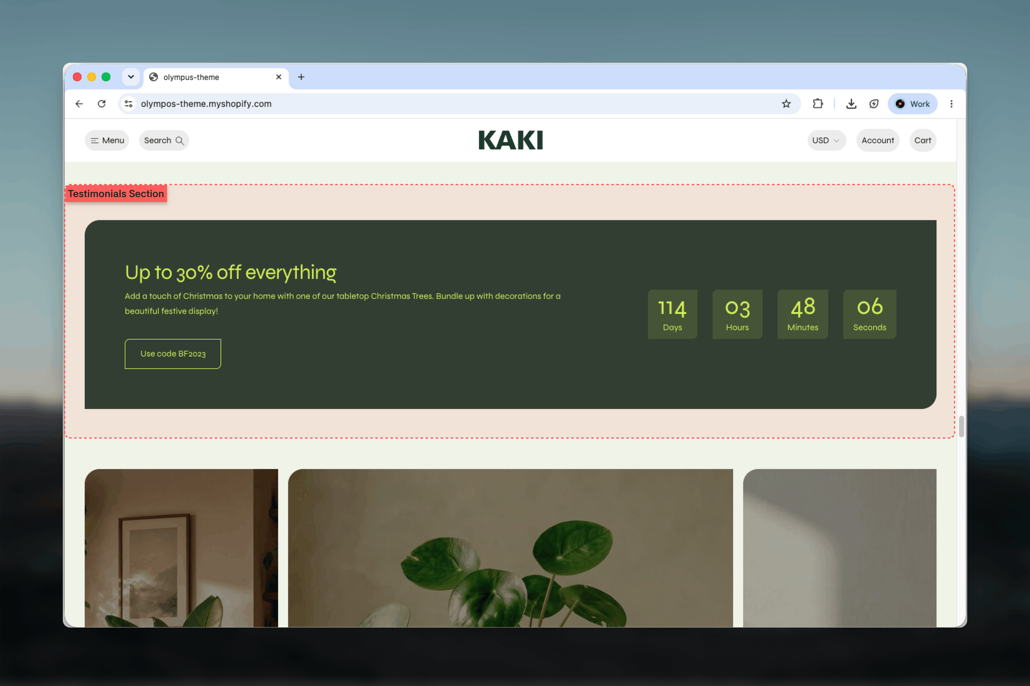 Testimonials section showing a five-star quote with the customer's name and an image