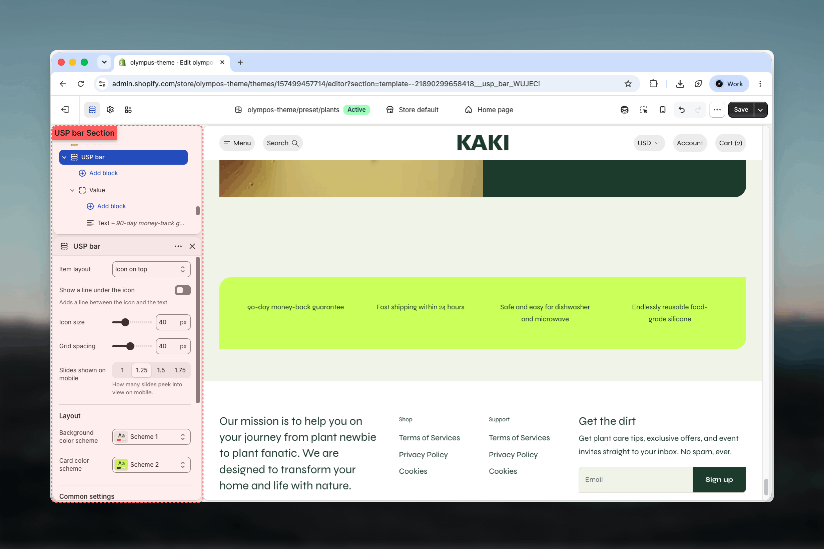 USP bar section and its Value blocks in the Theme Customizer sidebar