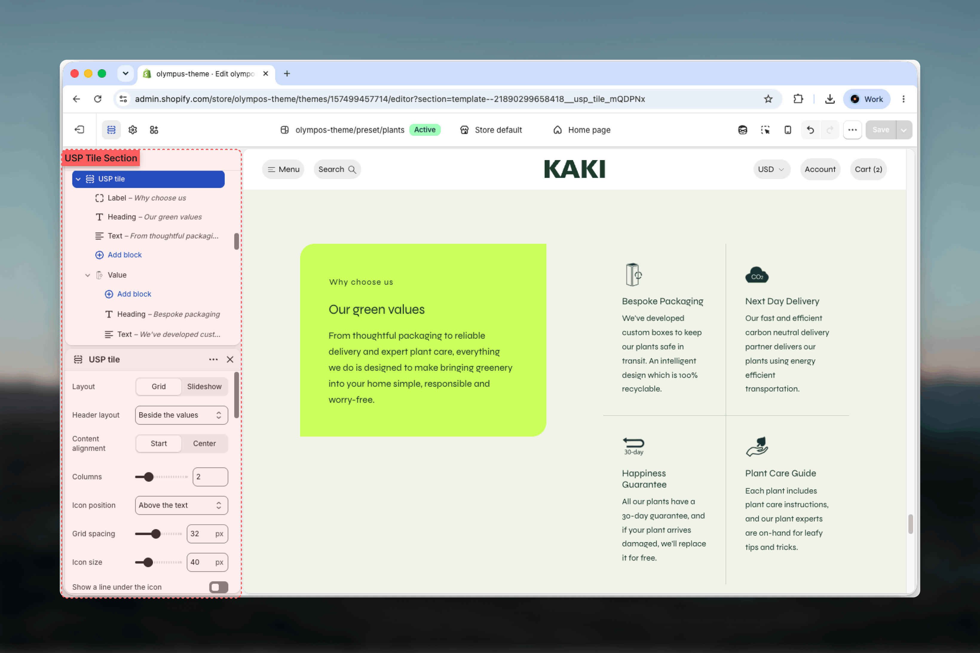 USP tile section and its blocks in the Theme Customizer sidebar