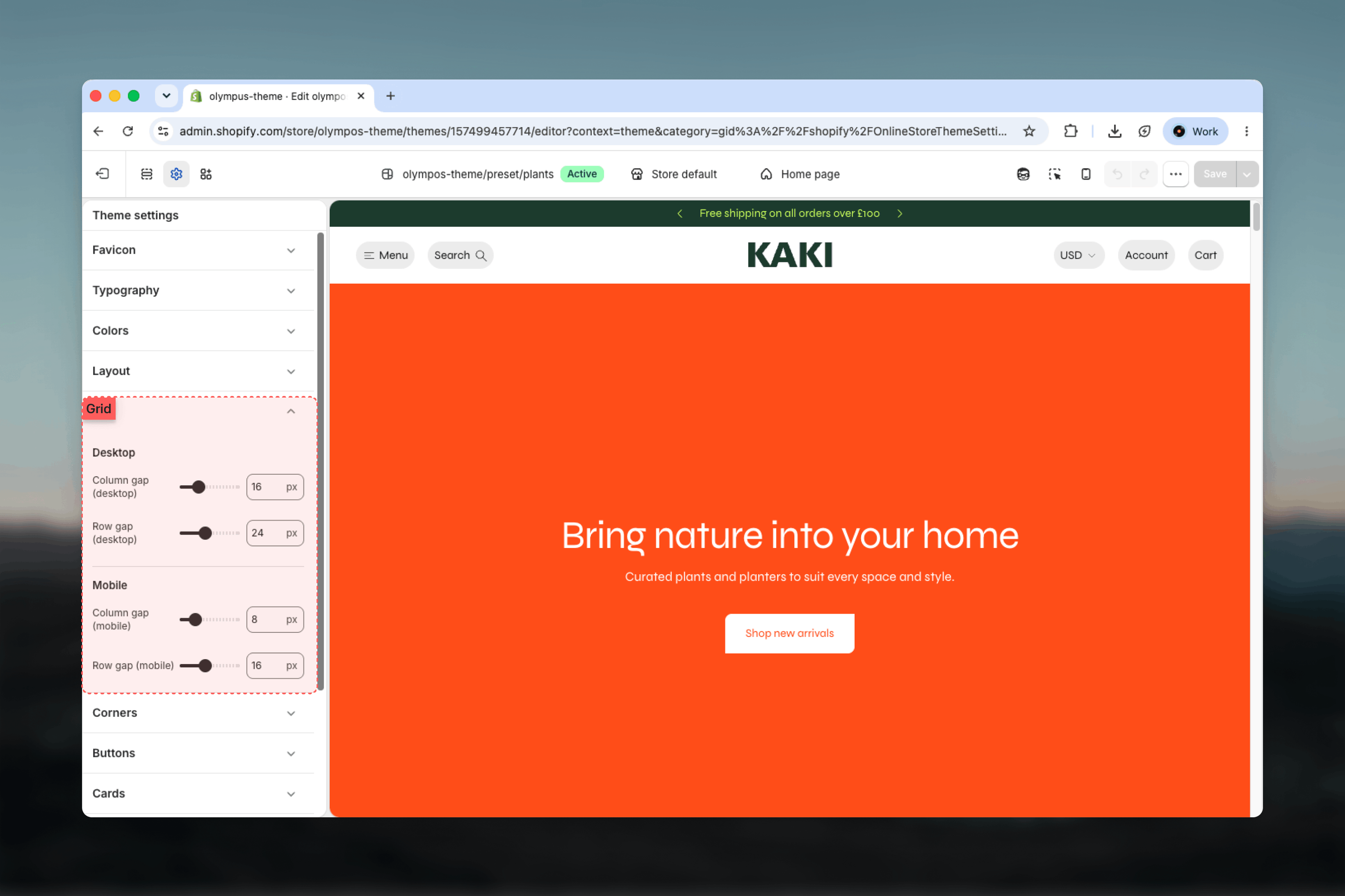Grid group in the Theme settings sidebar