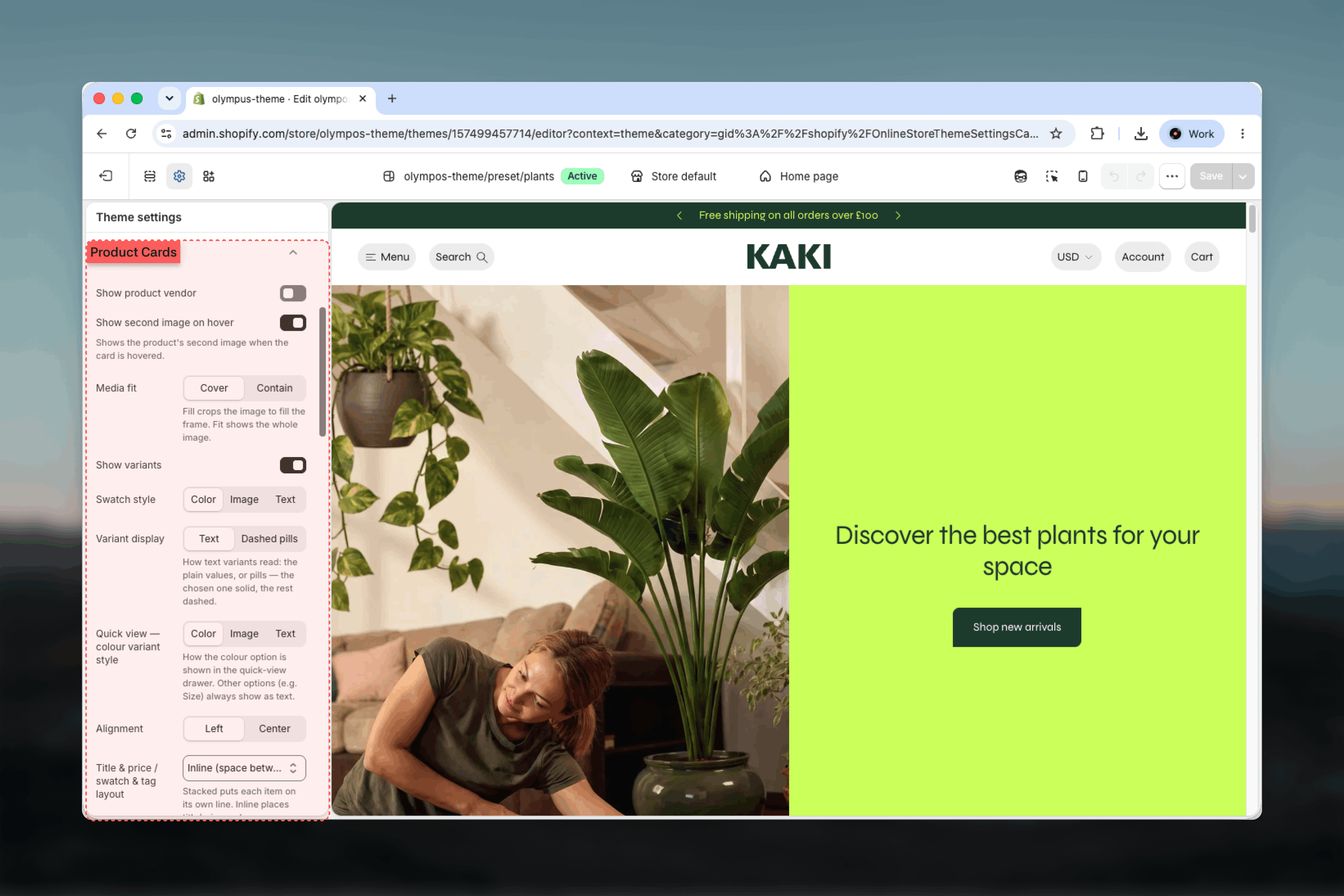 Product cards group in the Theme settings sidebar