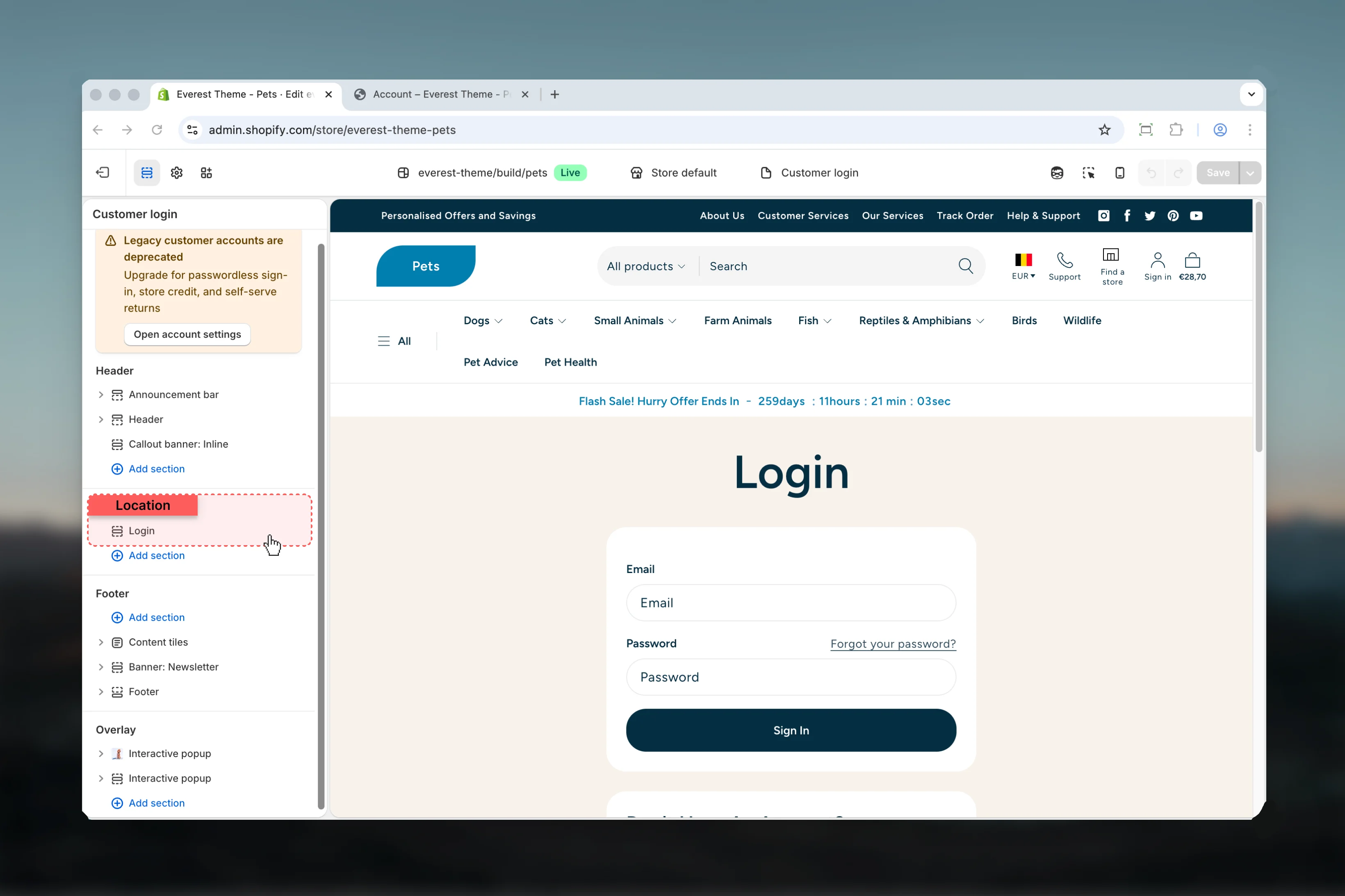 Customer Accounts location in Theme Customizer