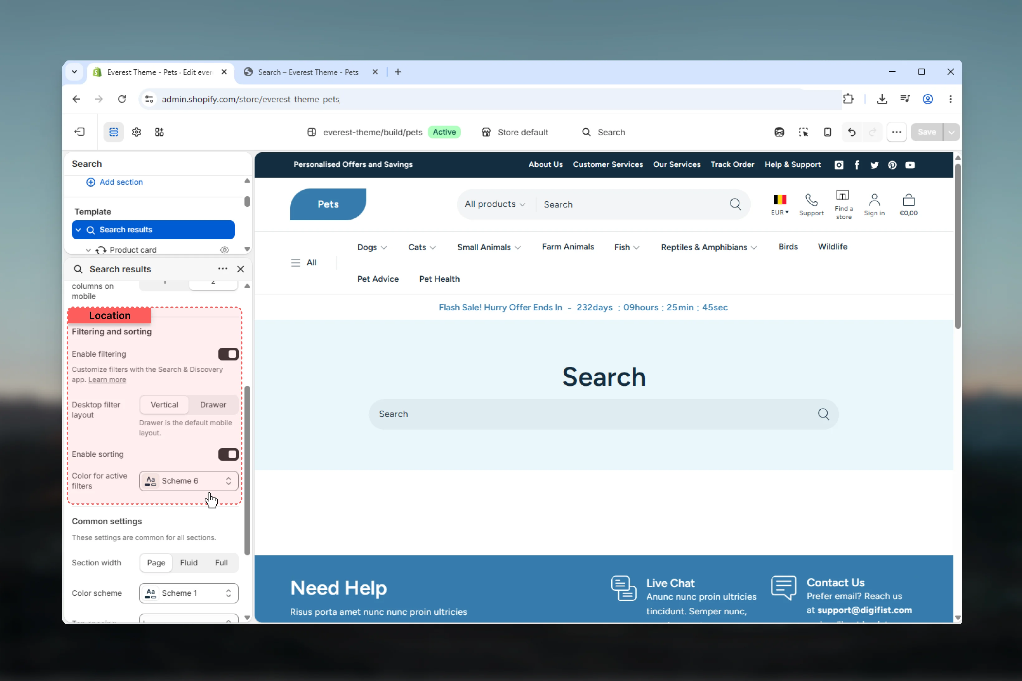 Search Filtering and sorting settings