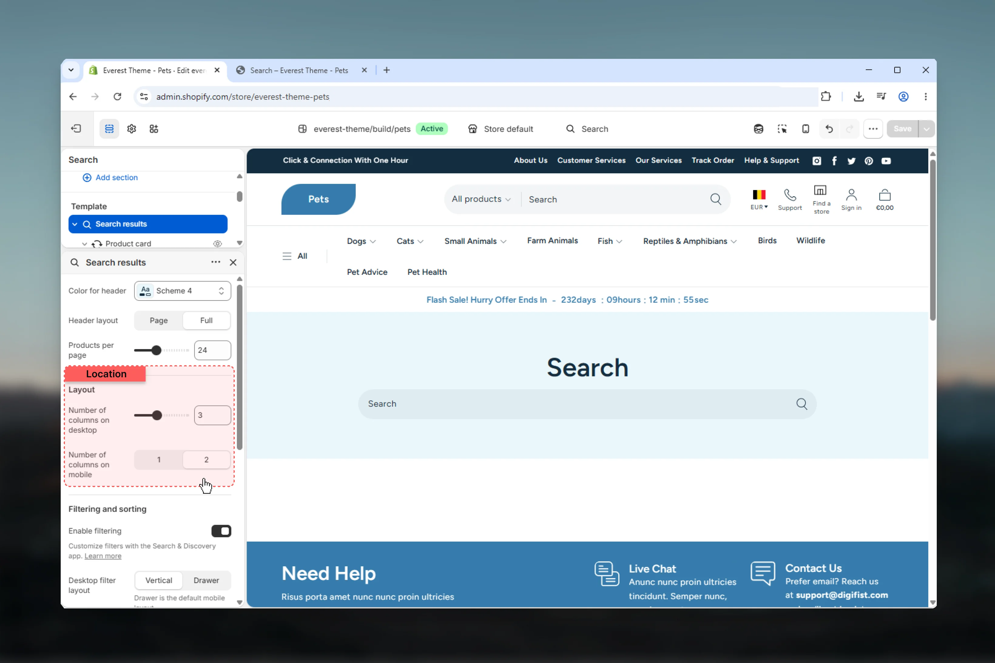 Search Layout settings