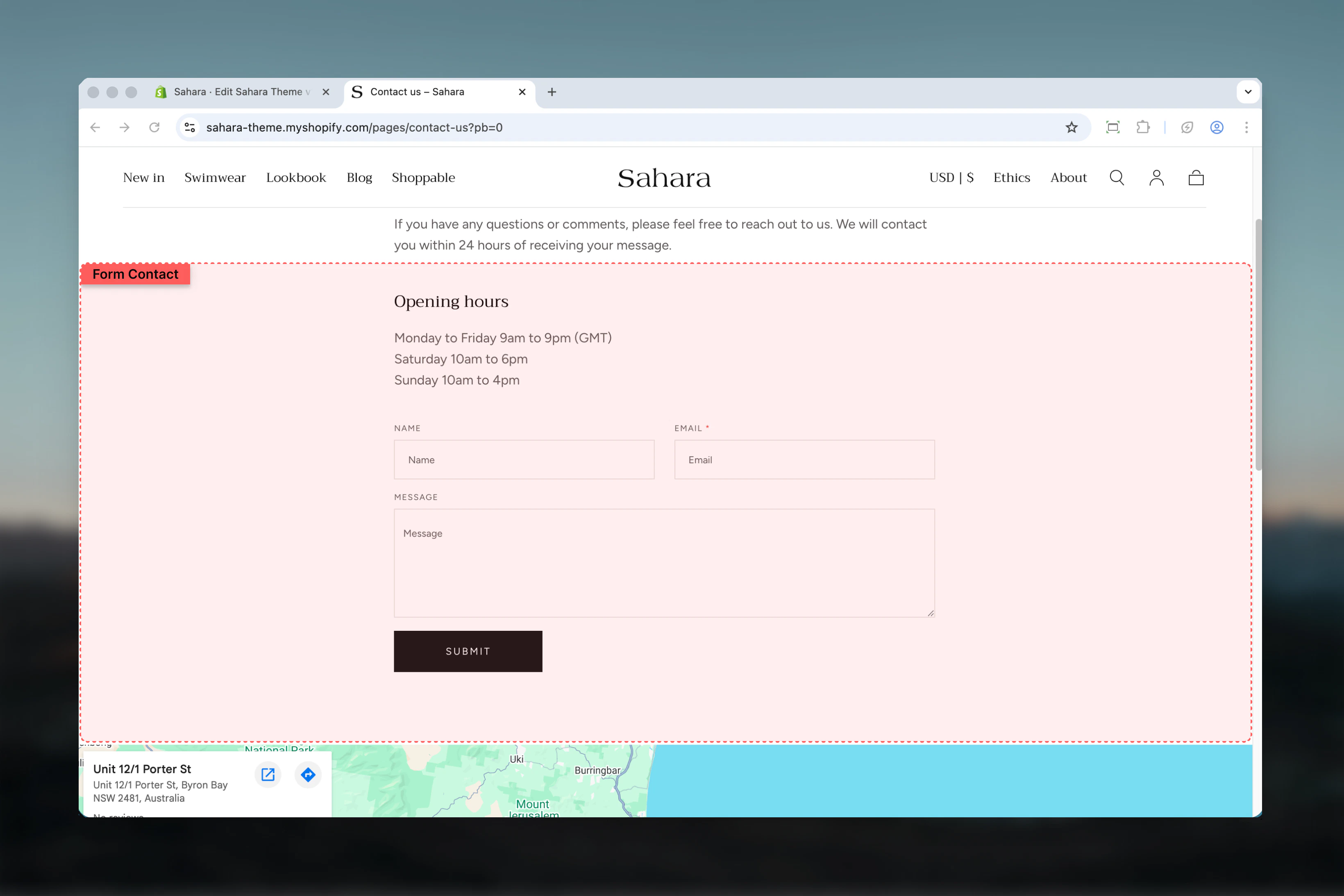 Contact form section overview