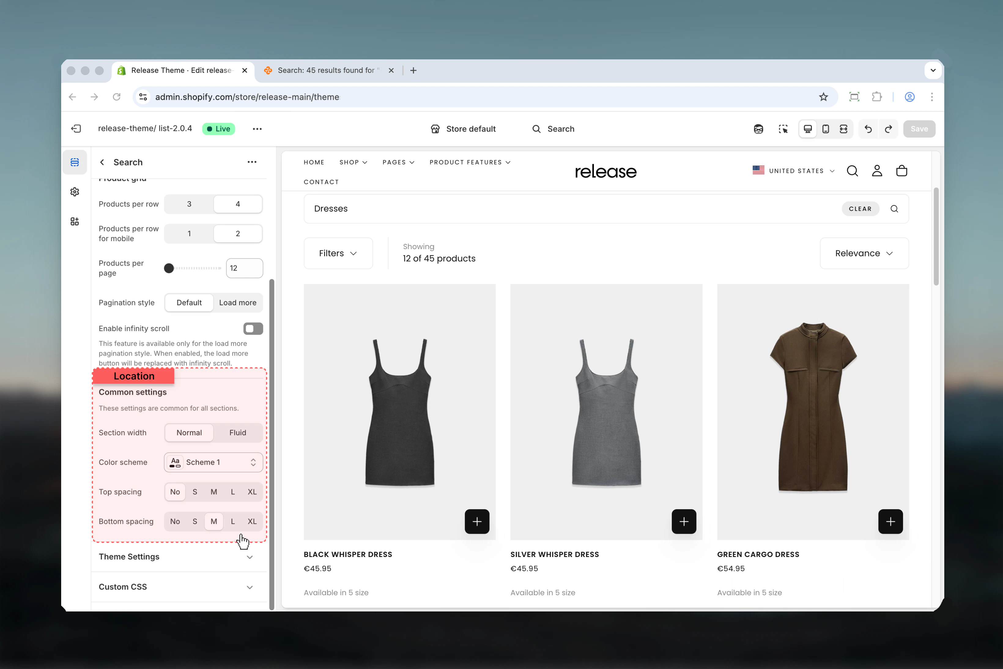 Search layout settings