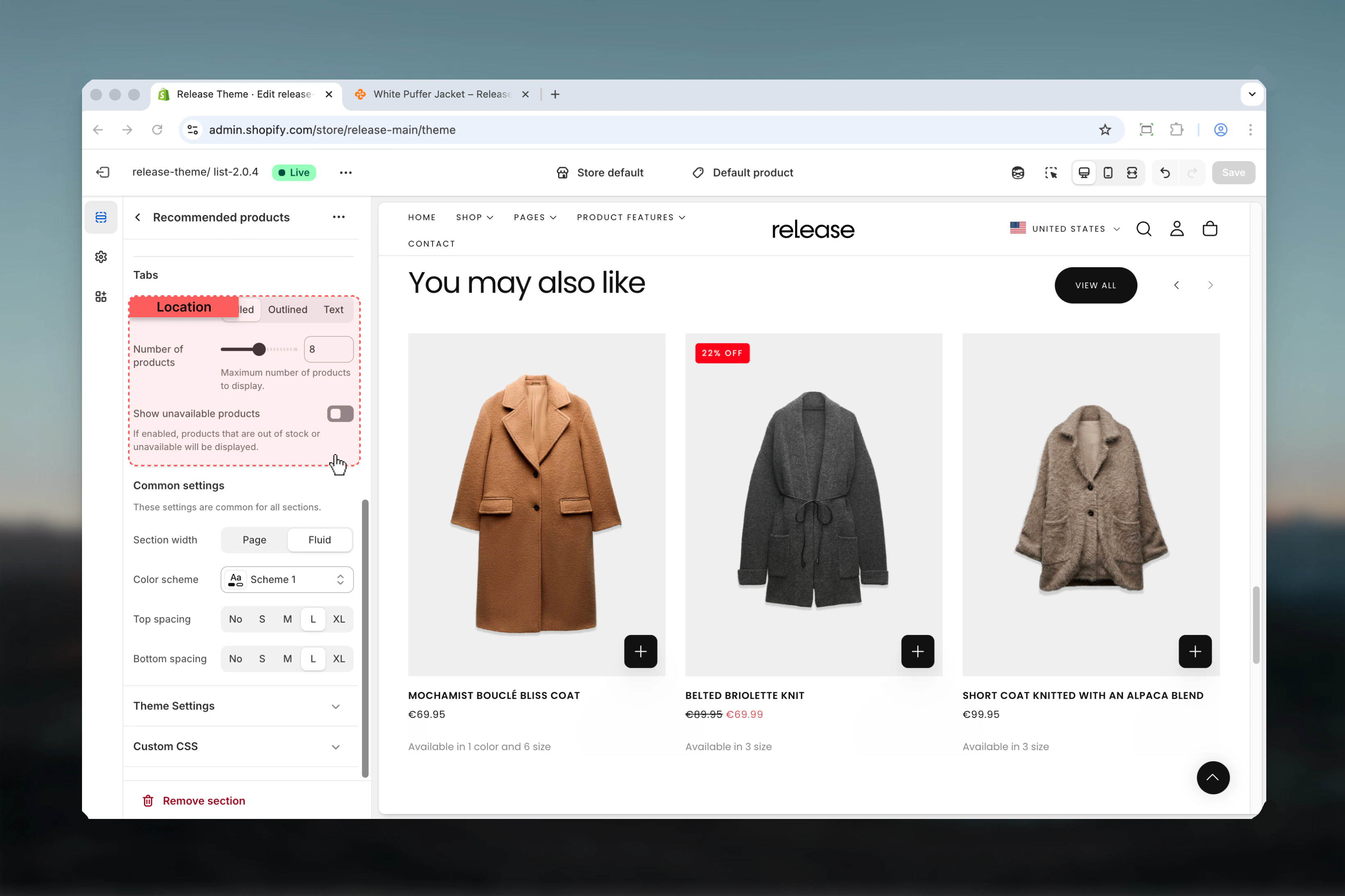 Product display settings