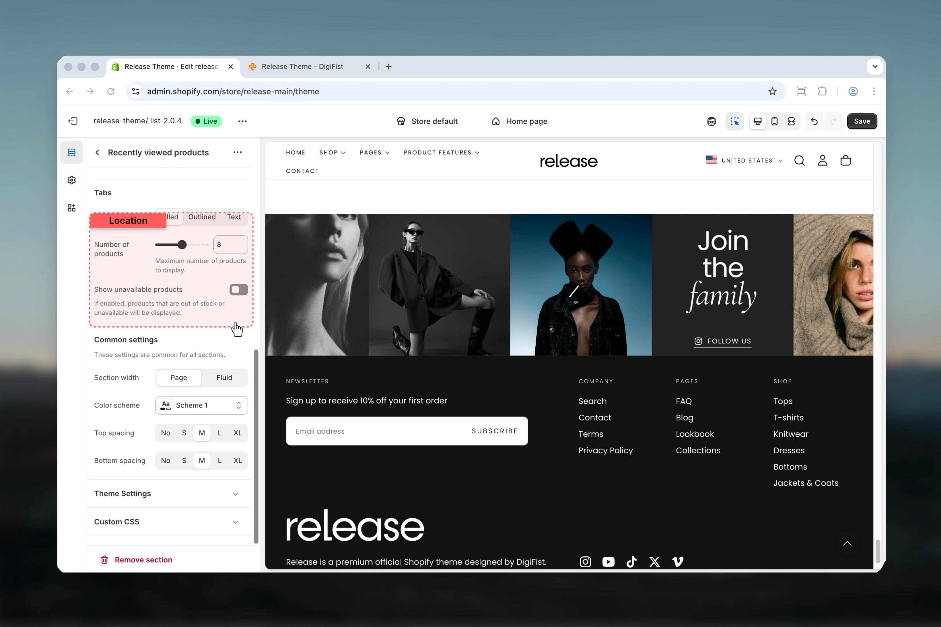 Product display settings
