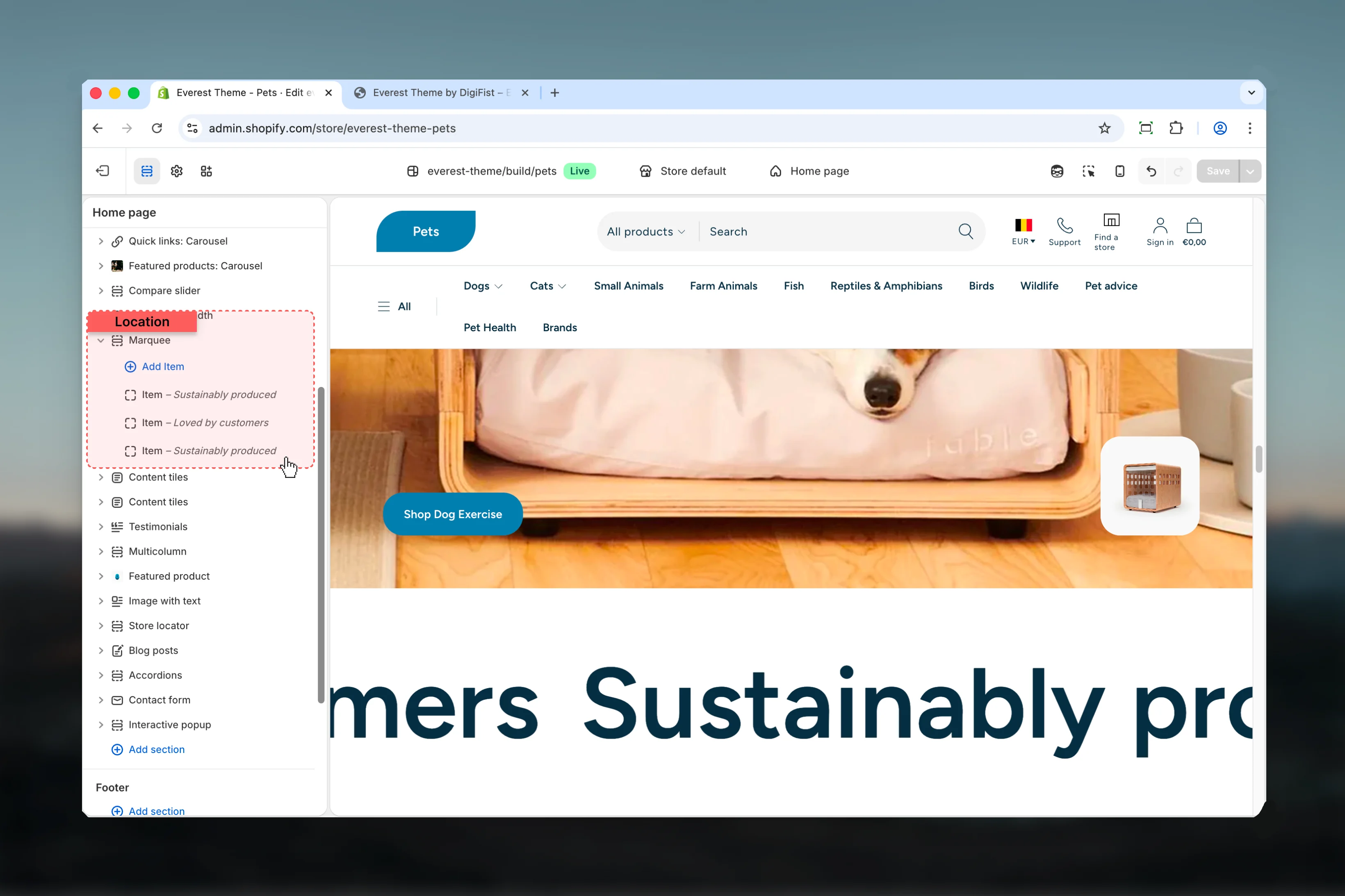Marquee location in Theme Customizer