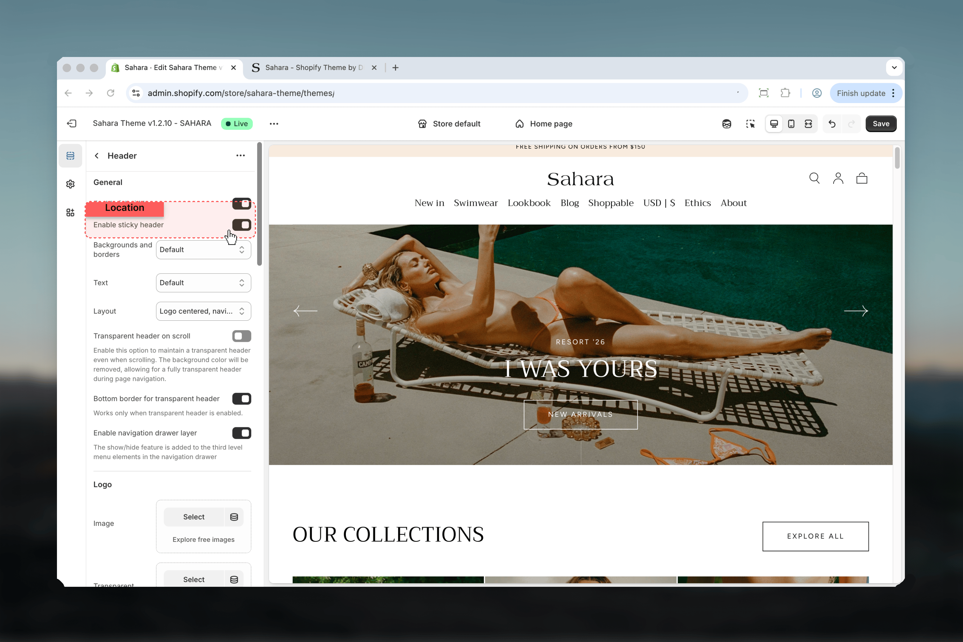 Sticky header setting