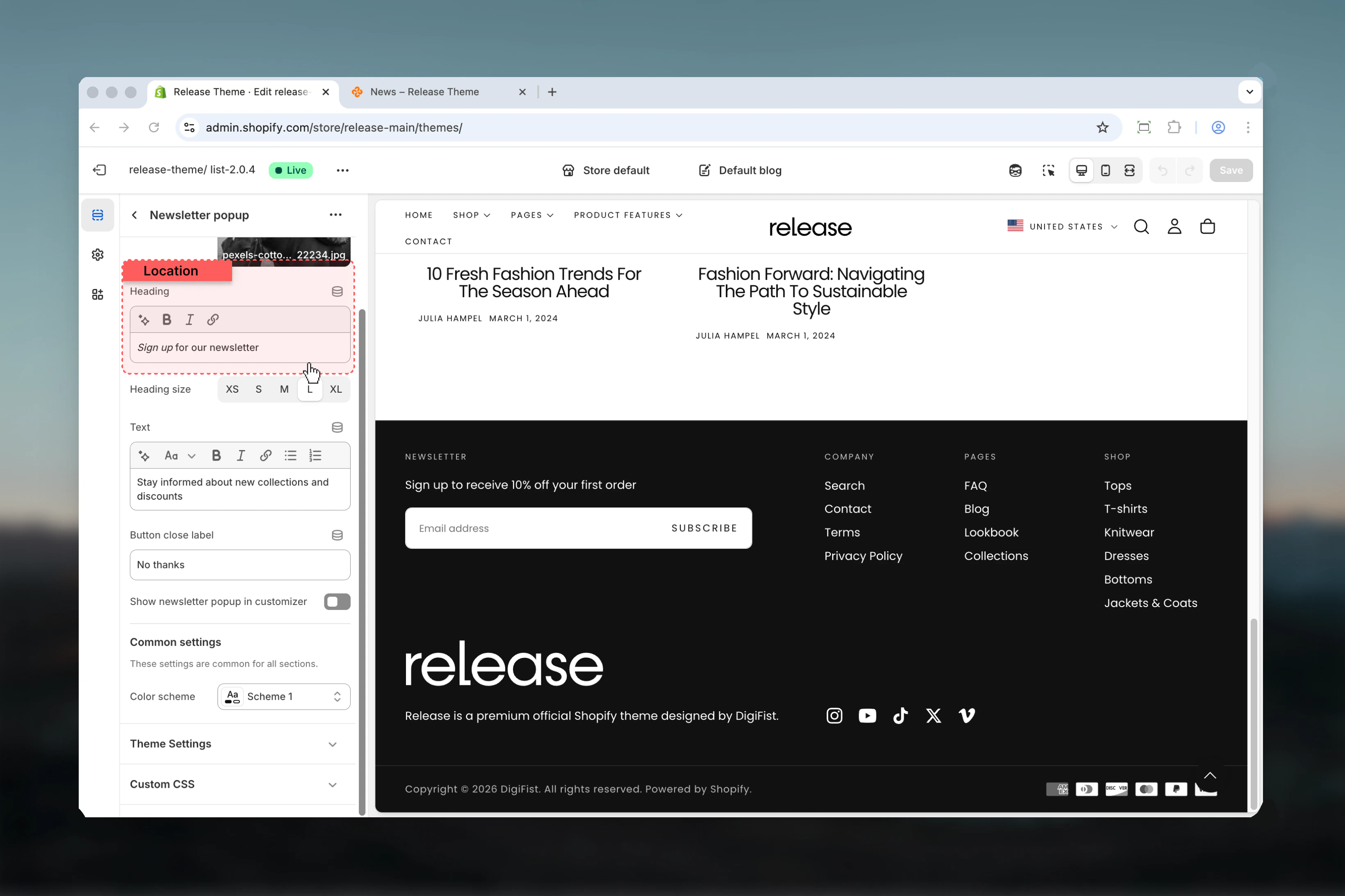 Newsletter form in popup
