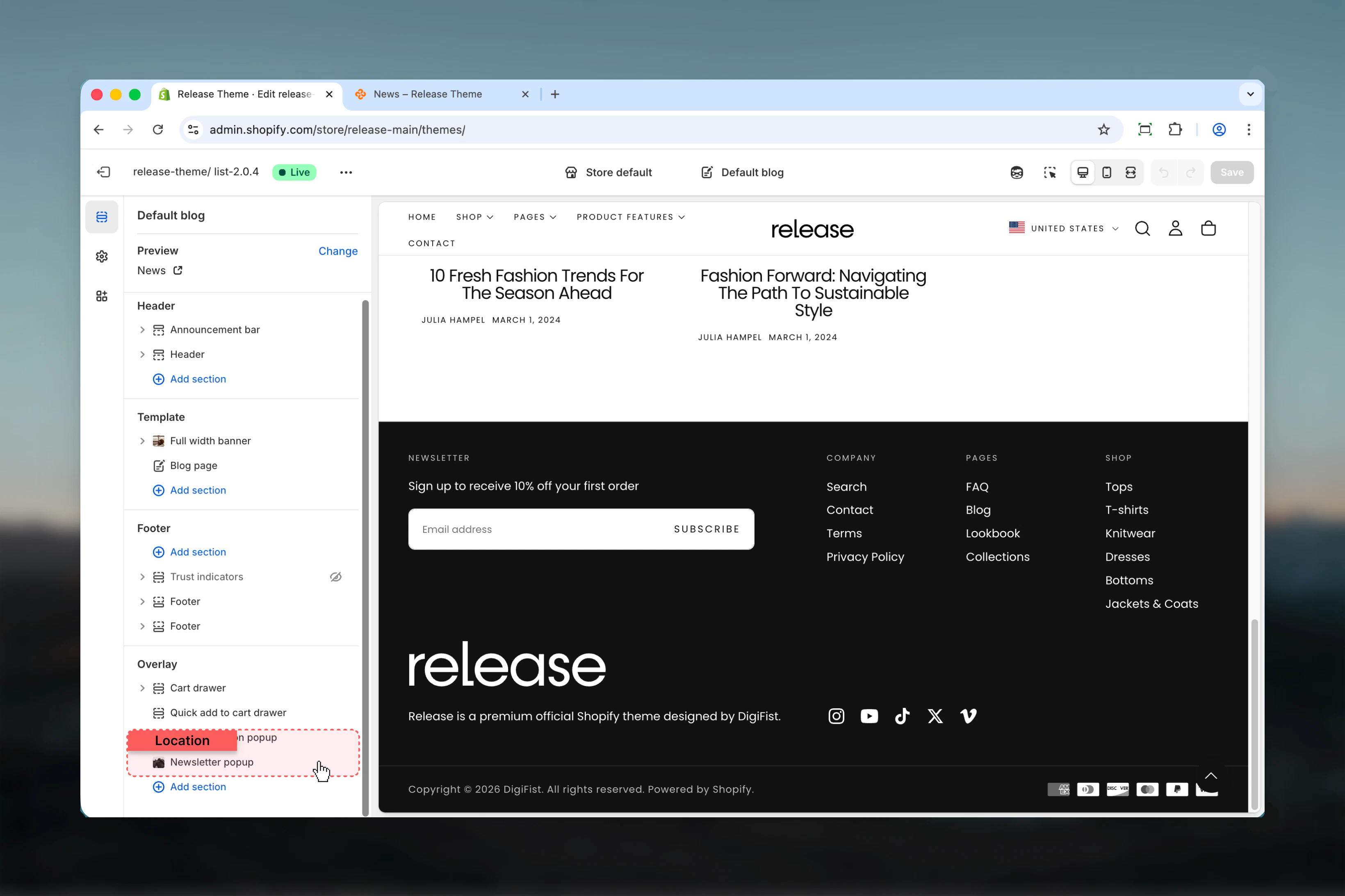 Newsletter popup in Theme Customizer