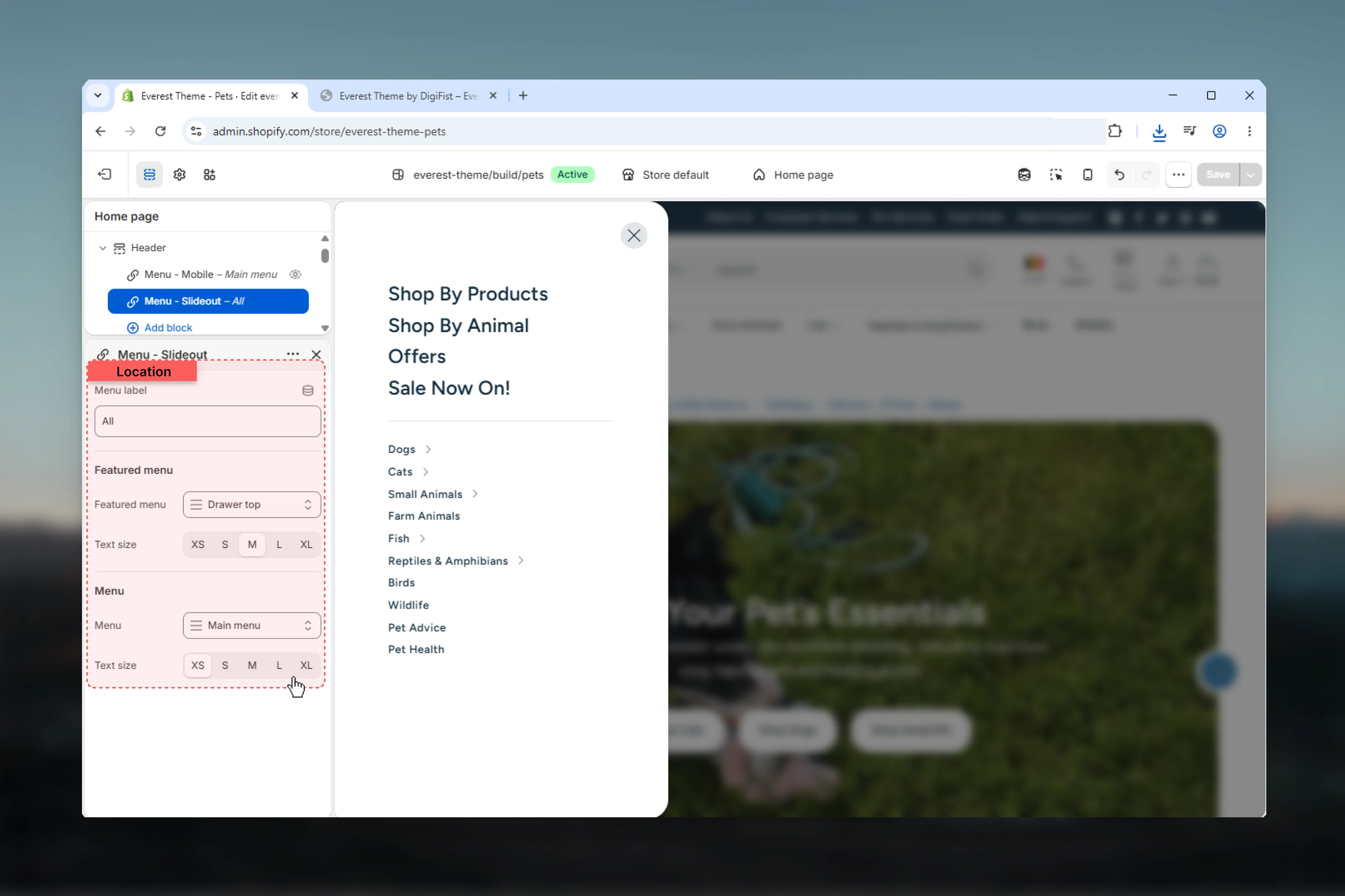 Header slideout menu block settings