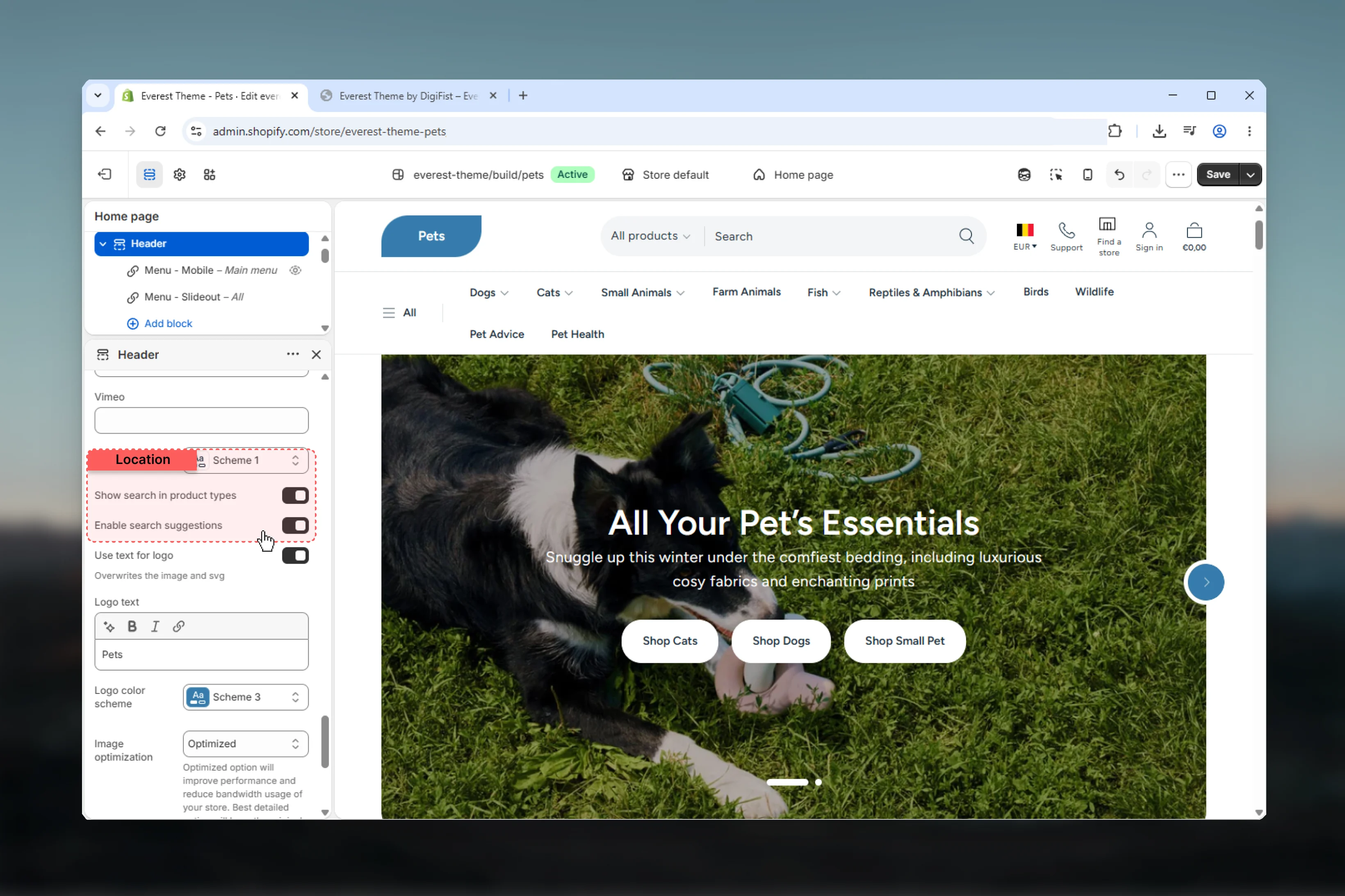 Header global search settings