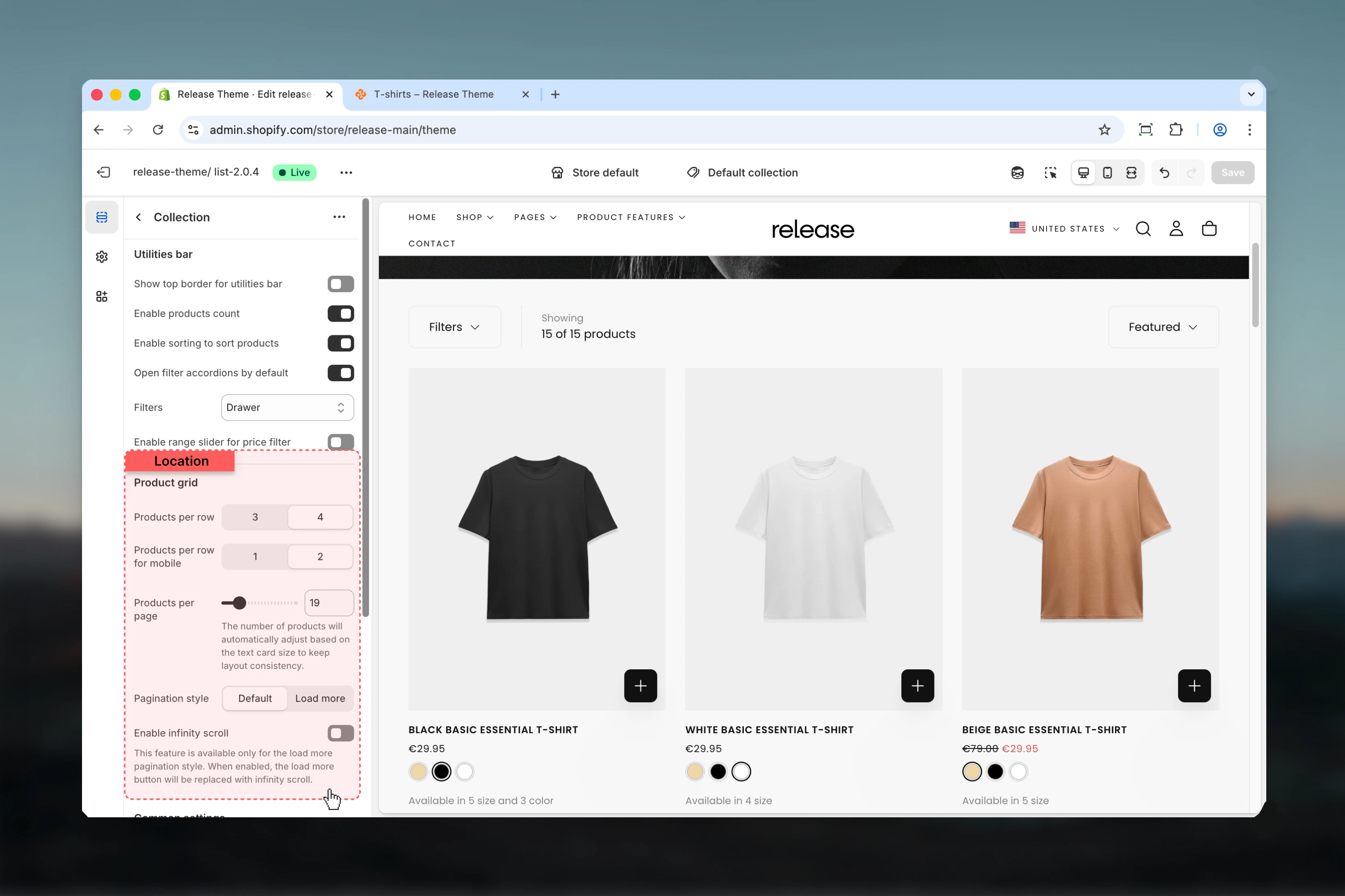 Product grid settings