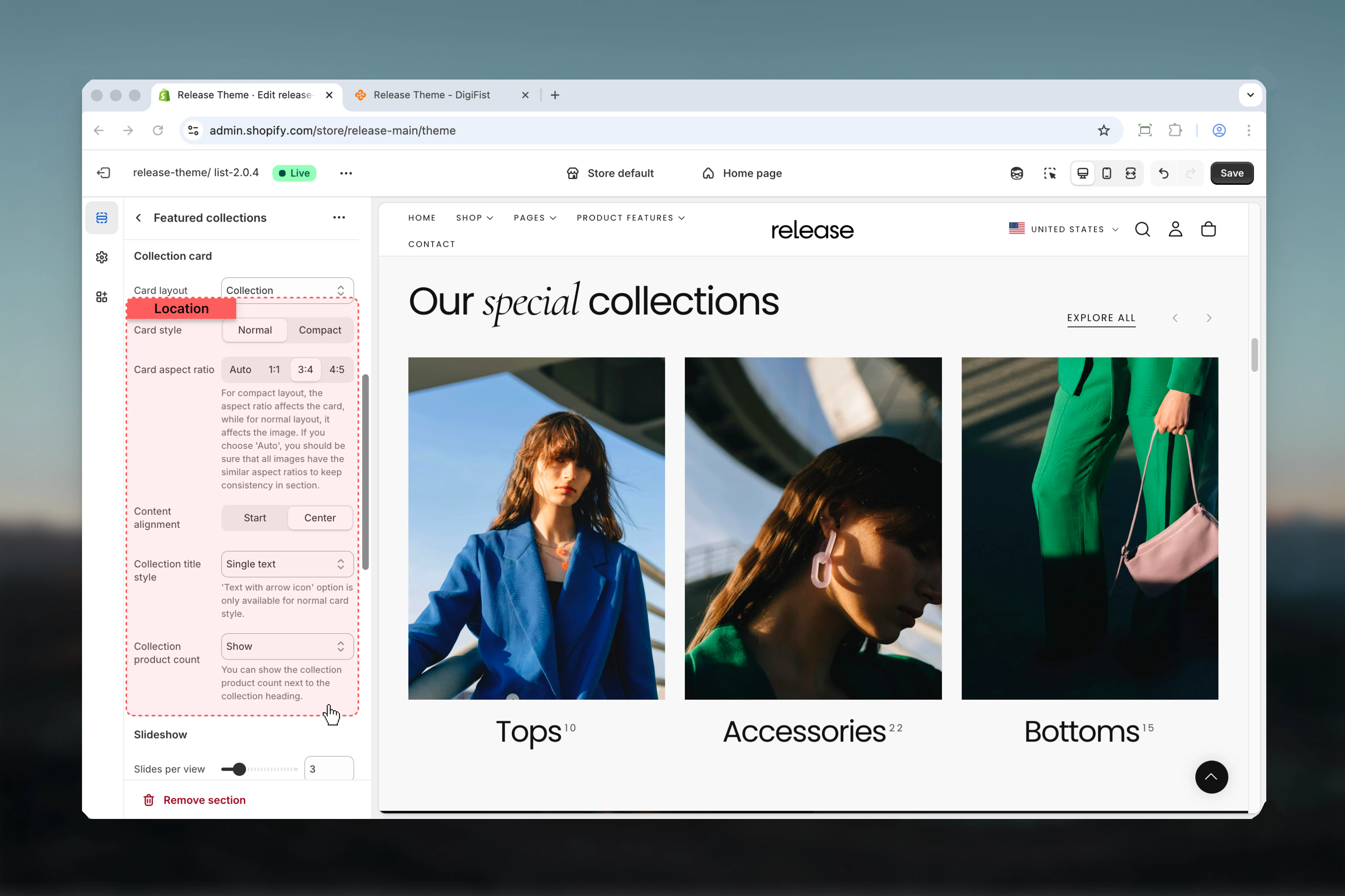 Collection card configuration settings