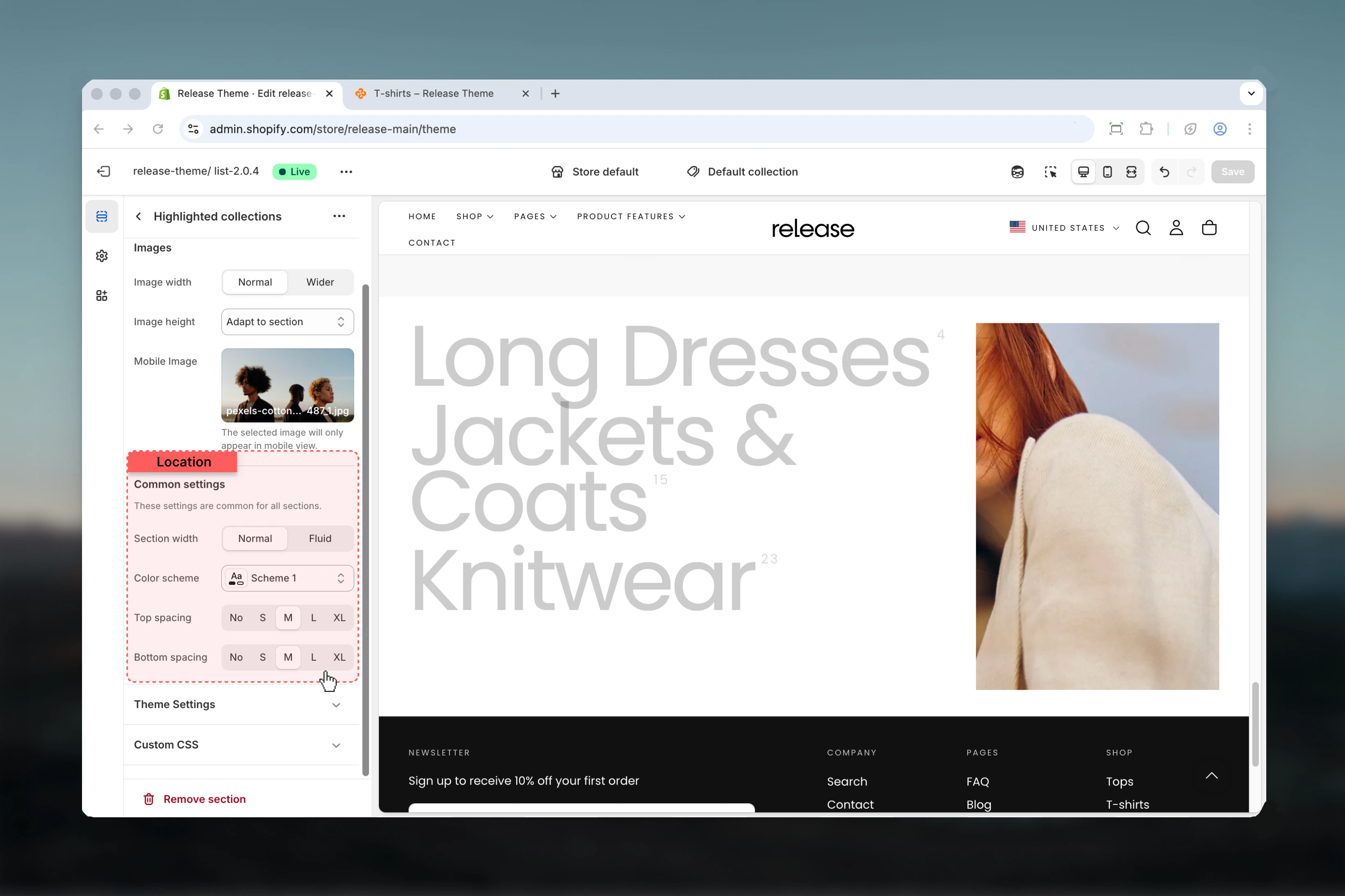 Section width and spacing settings