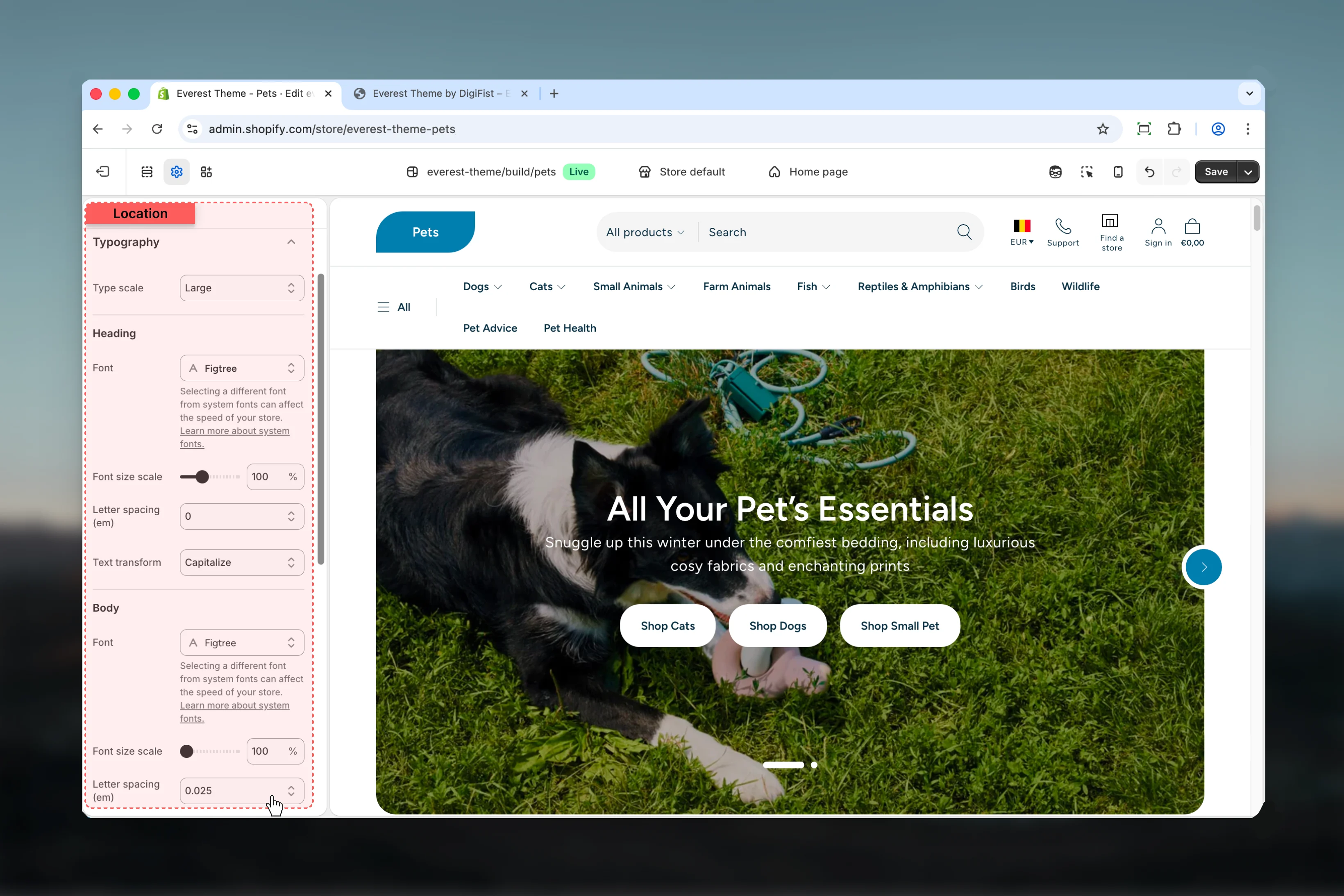 Typography theme settings overview in Everest