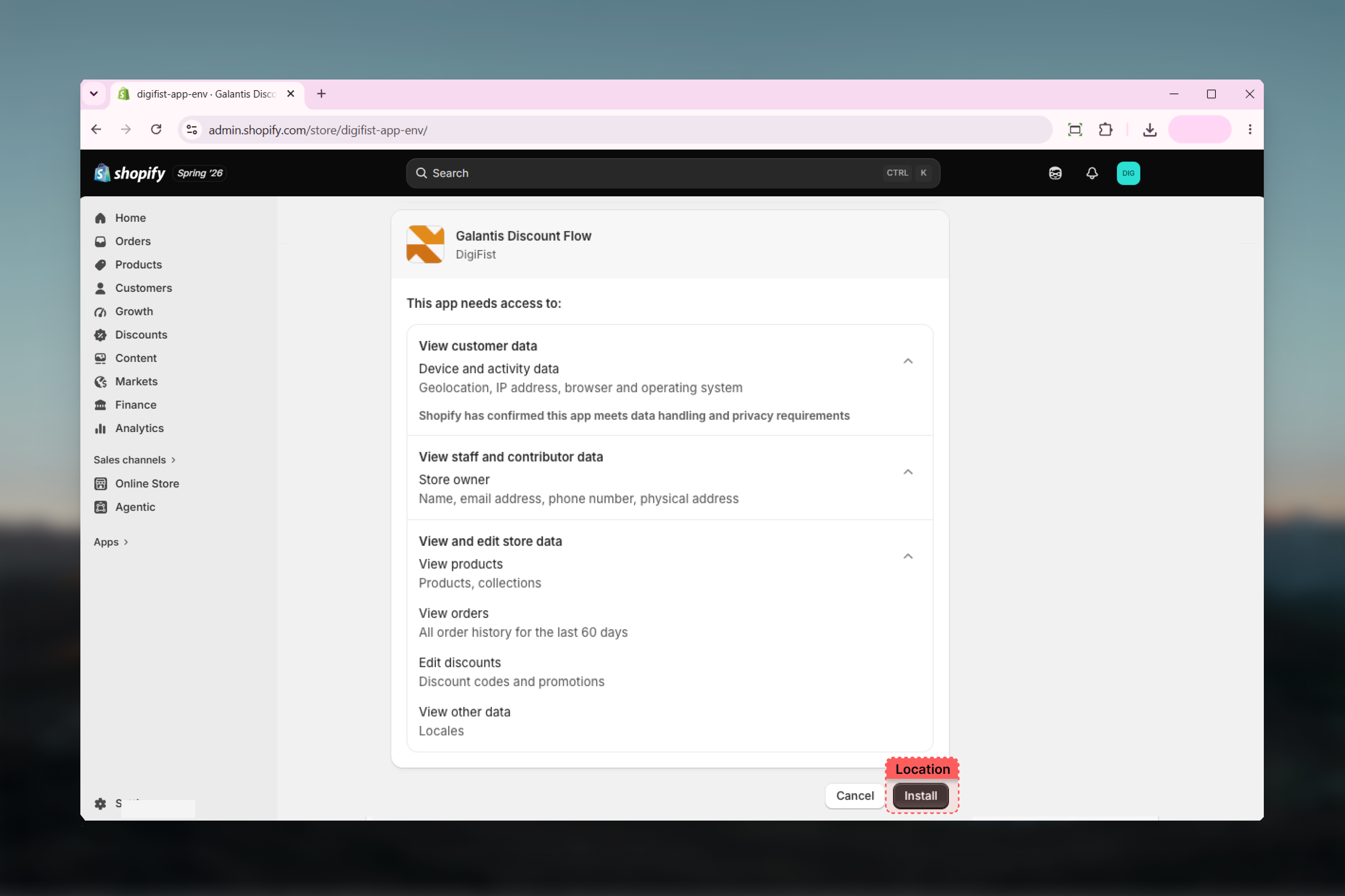 Shopify permission review screen during Galantis Discount Flow installation